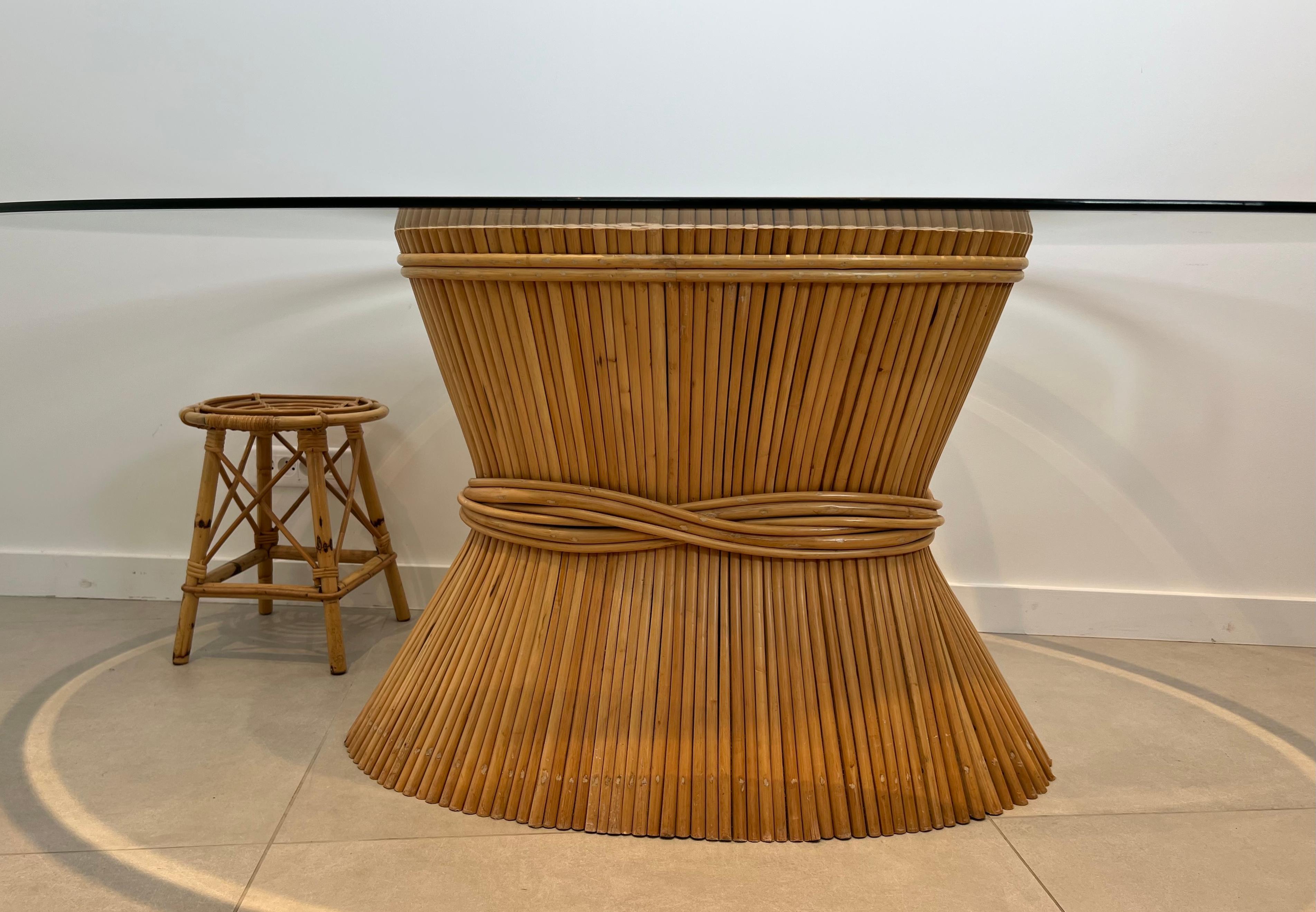 Large Wheat Sheaf Dinning Table with an Oval Beveled Glass Top on a Bamboo Base For Sale 13