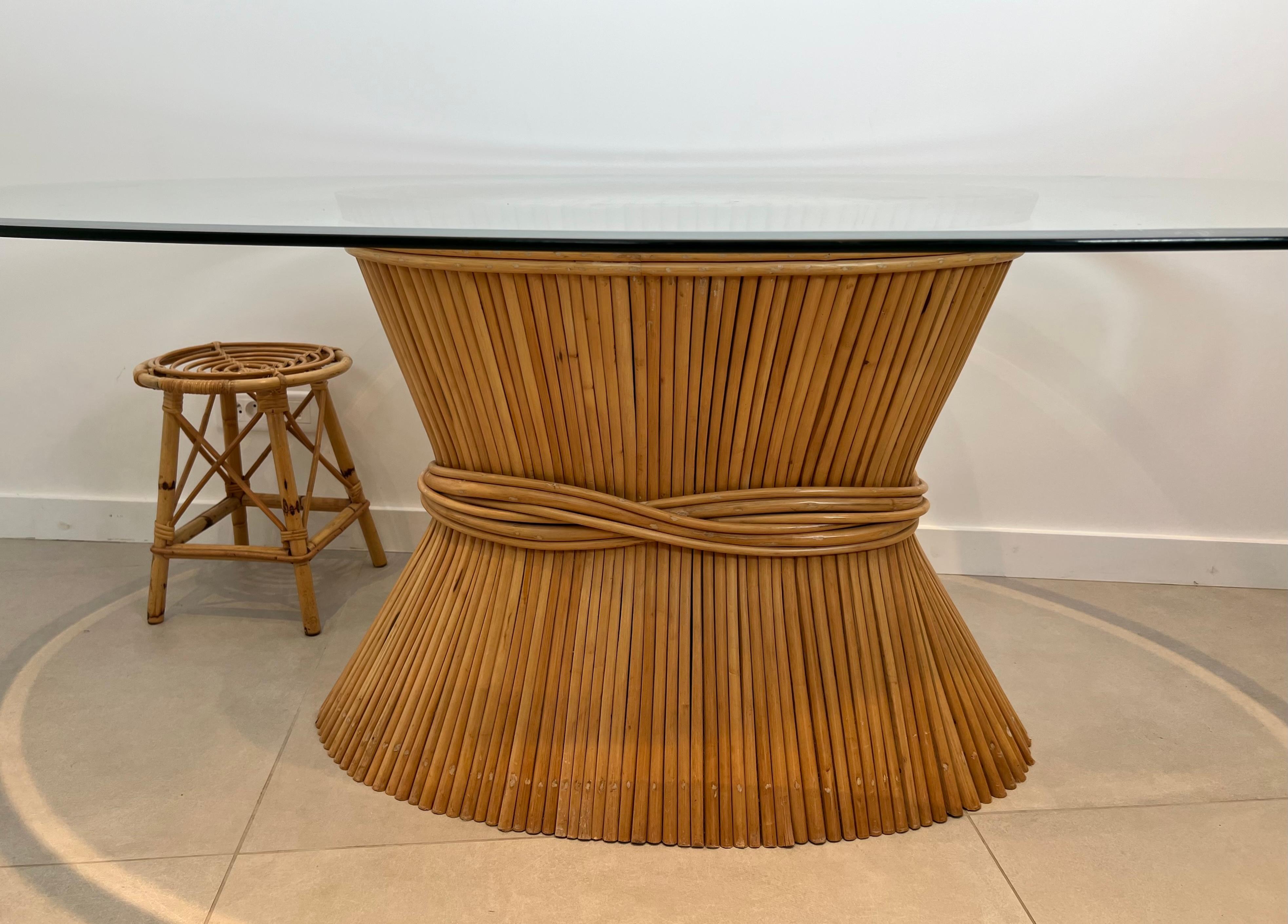 Large Wheat Sheaf Dinning Table with an Oval Beveled Glass Top on a Bamboo Base For Sale 14