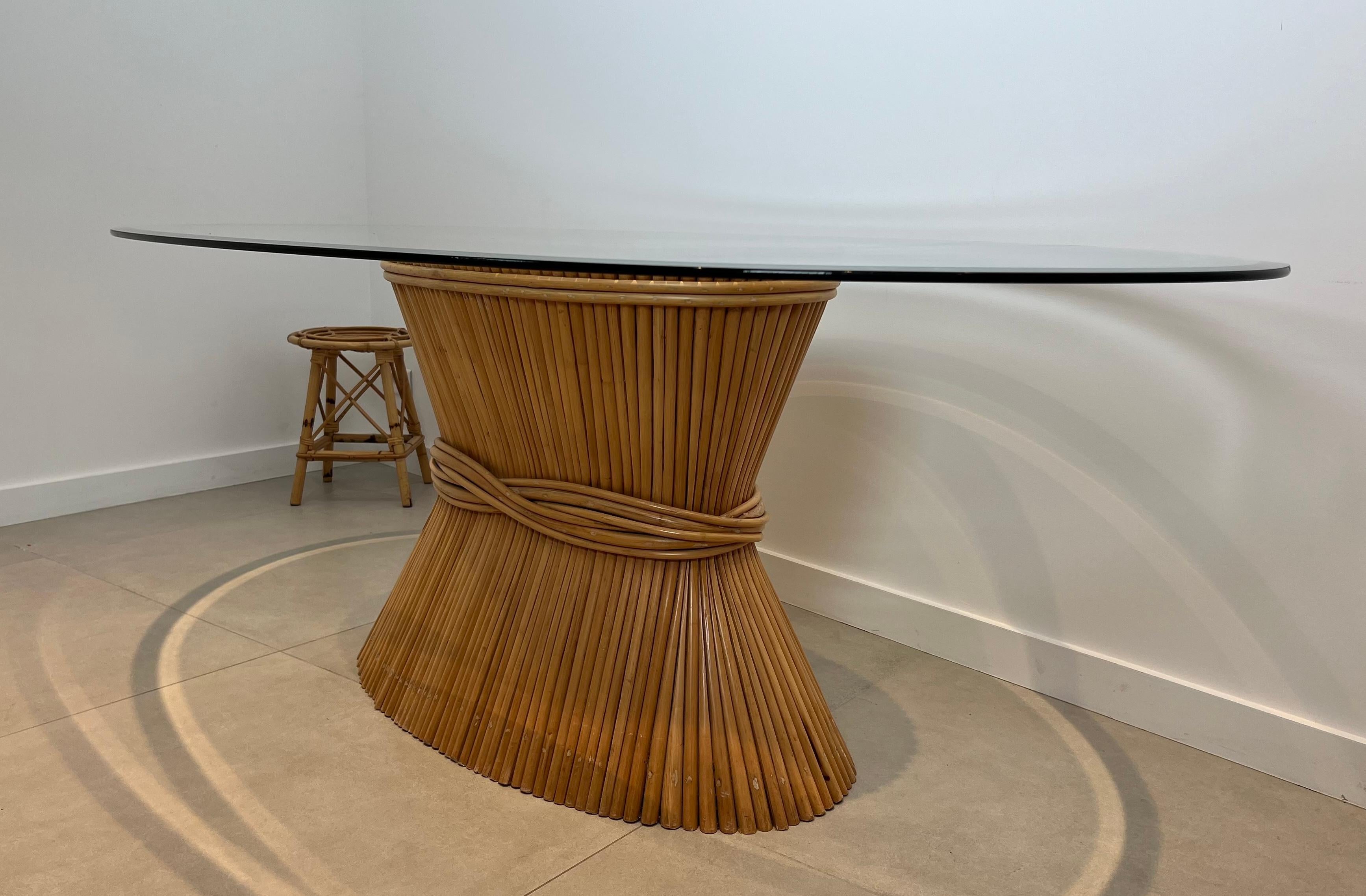 Mid-Century Modern Large Wheat Sheaf Dinning Table with an Oval Beveled Glass Top on a Bamboo Base For Sale