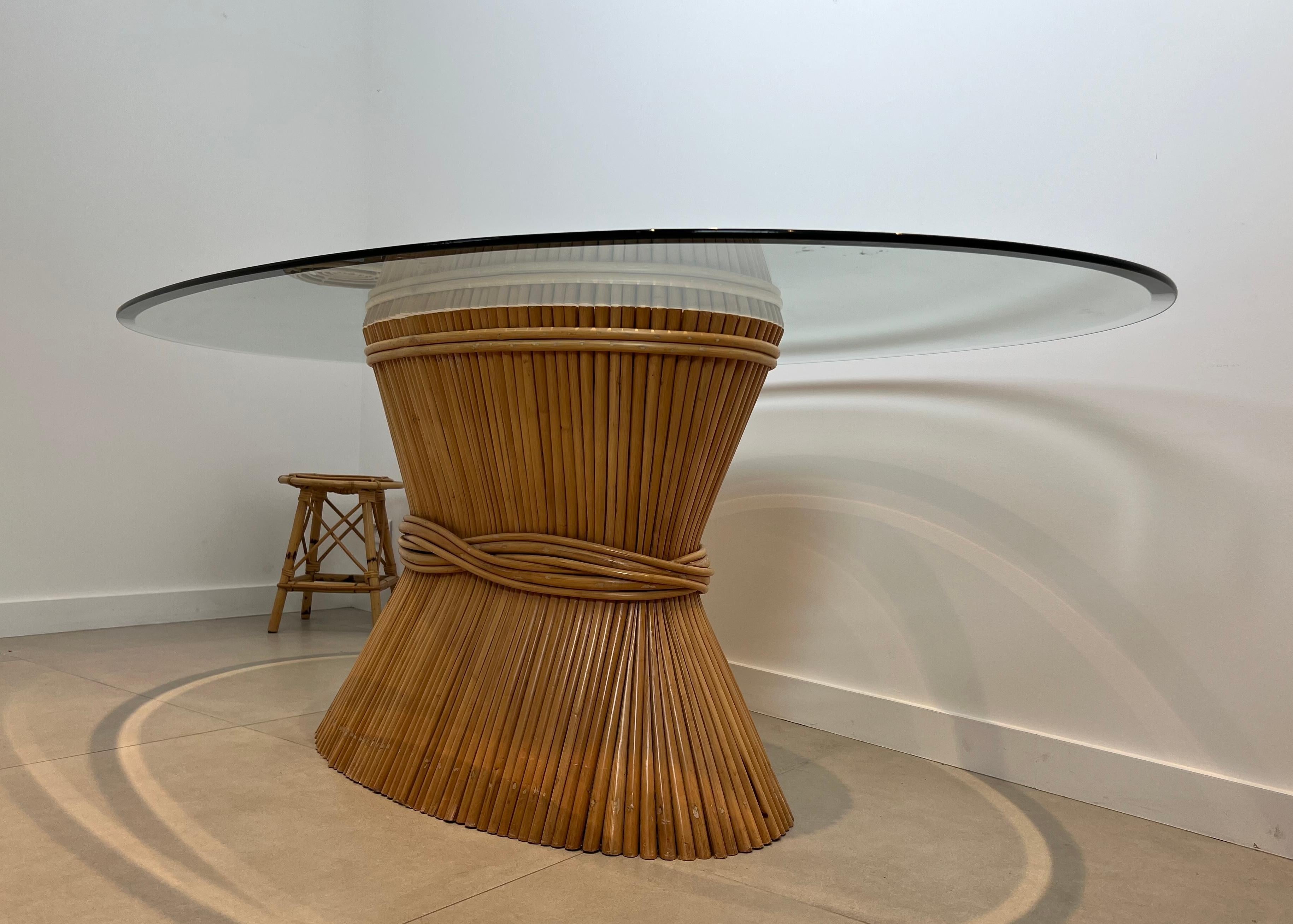 French Large Wheat Sheaf Dinning Table with an Oval Beveled Glass Top on a Bamboo Base For Sale
