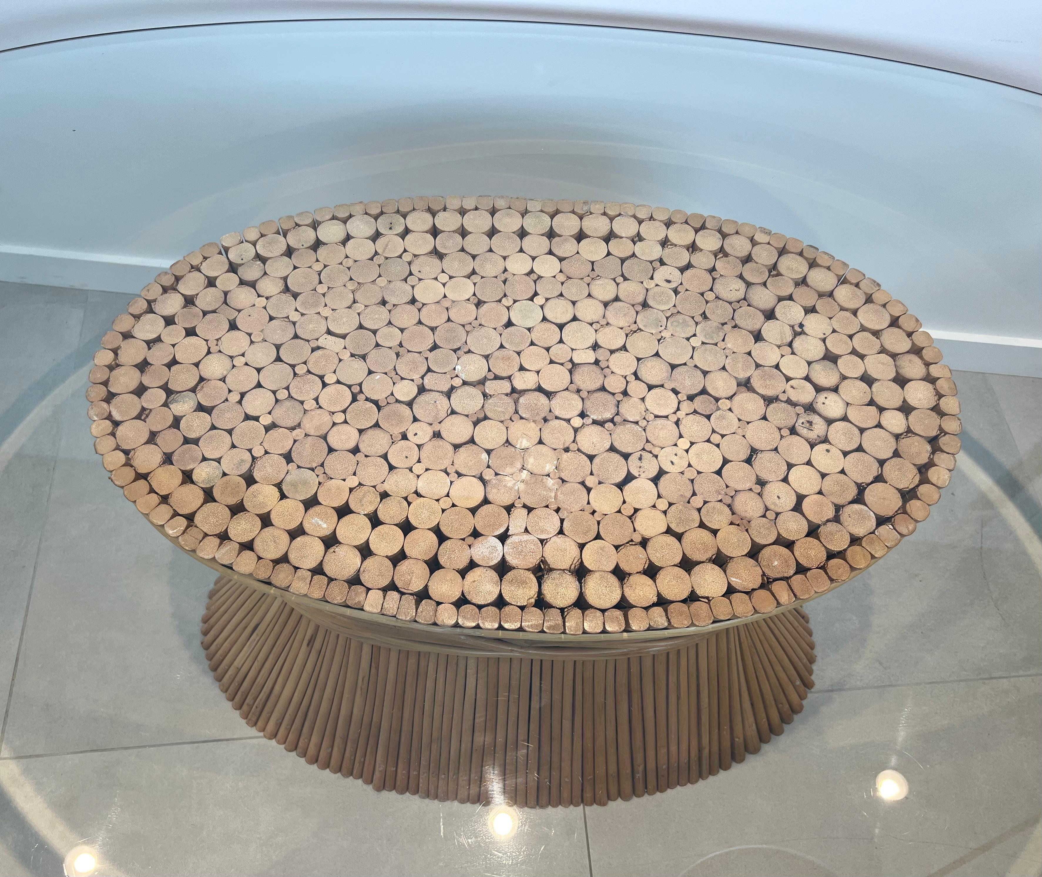 Late 20th Century Large Wheat Sheaf Dinning Table with an Oval Beveled Glass Top on a Bamboo Base For Sale