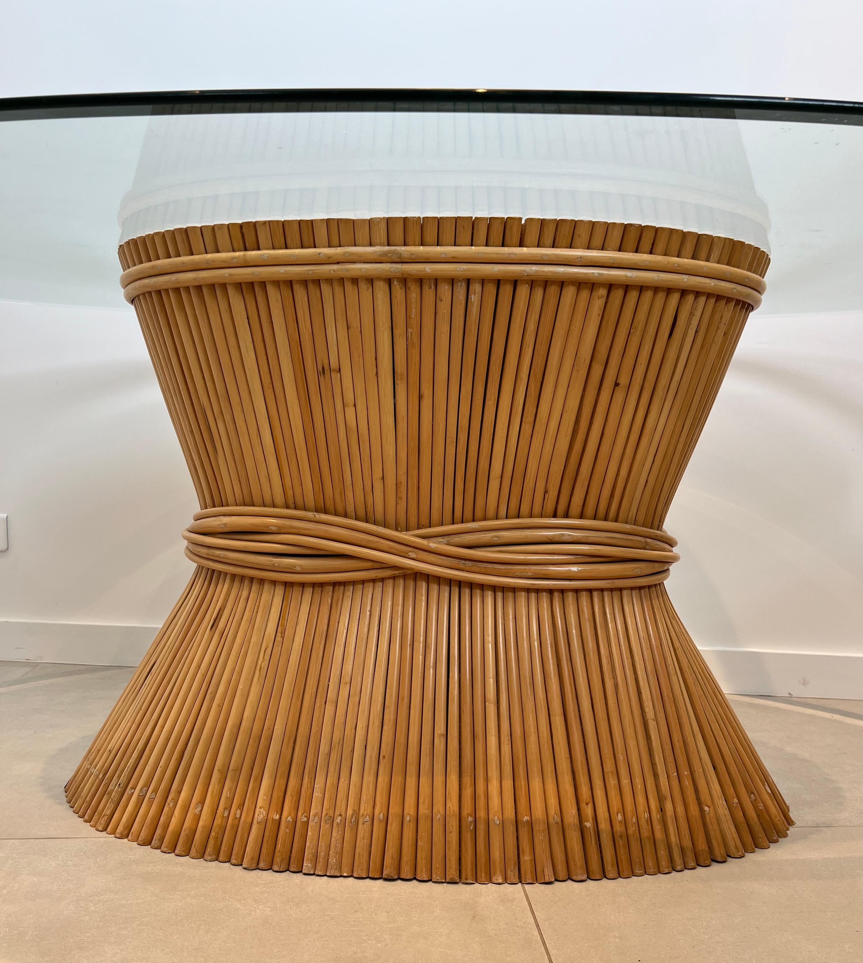 Large Wheat Sheaf Dinning Table with an Oval Beveled Glass Top on a Bamboo Base For Sale 1