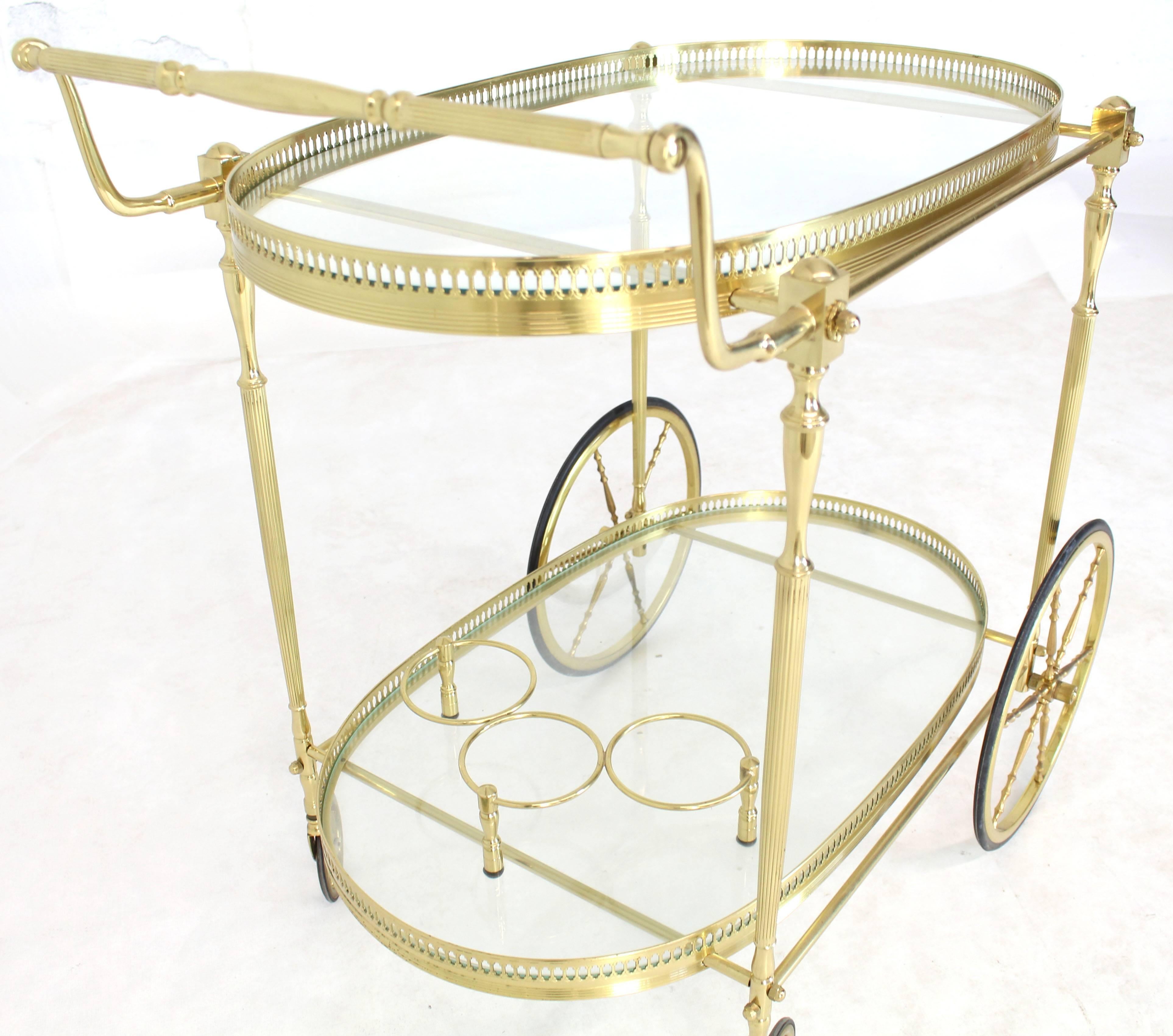 Mid-Century Modern Large Wheels Brass and Glass Tea Cart Bar with Bottle Holders