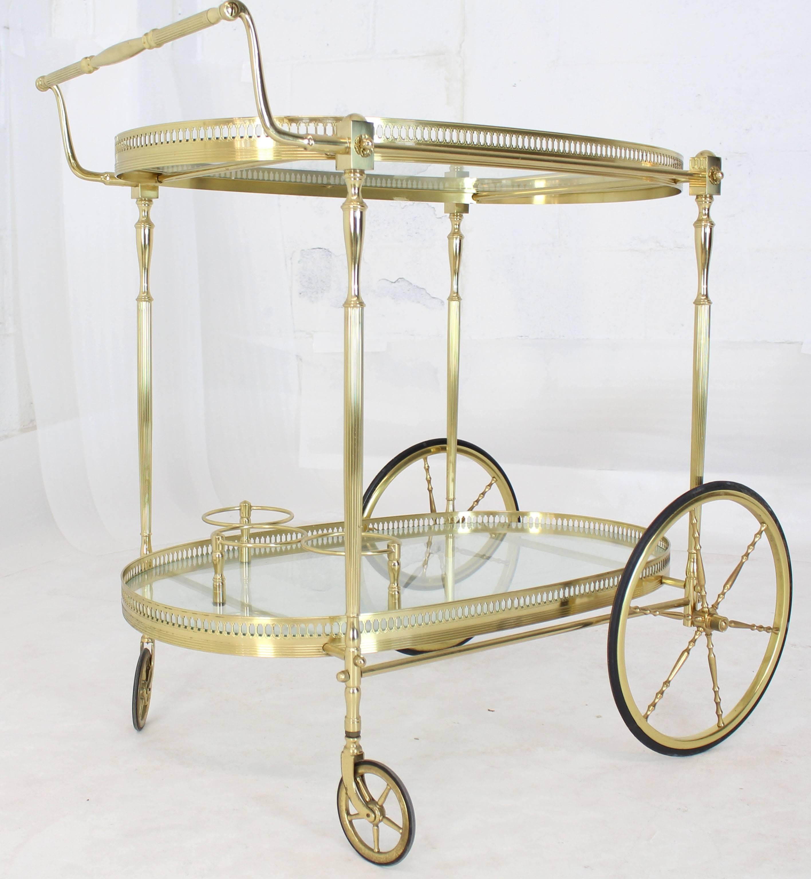 American Large Wheels Brass and Glass Tea Cart Bar with Bottle Holders
