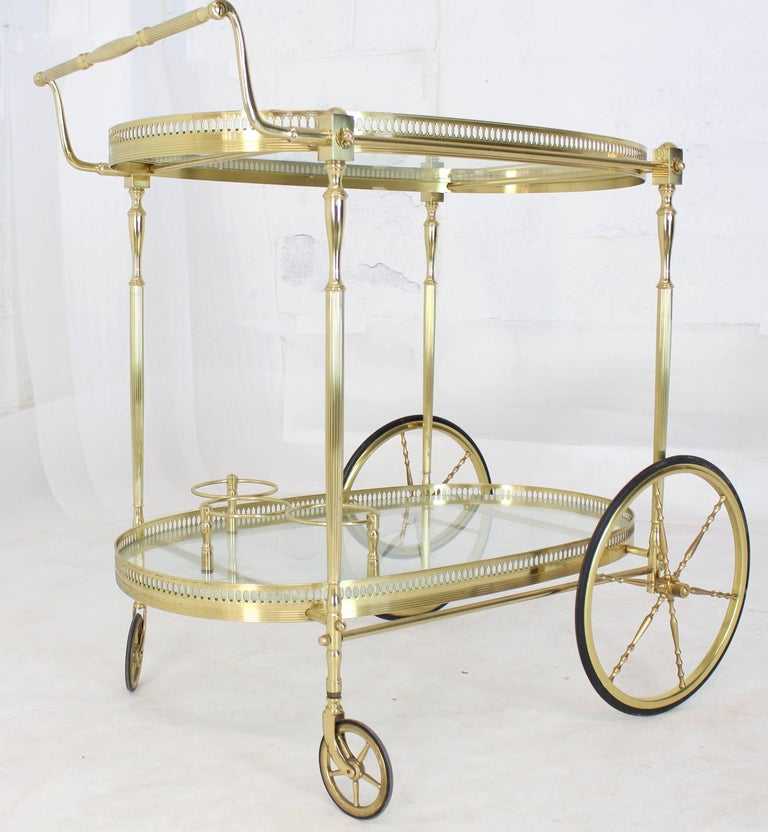 Large Wheels Brass and Glass Tea Cart Bar with Bottle Holders at 1stDibs