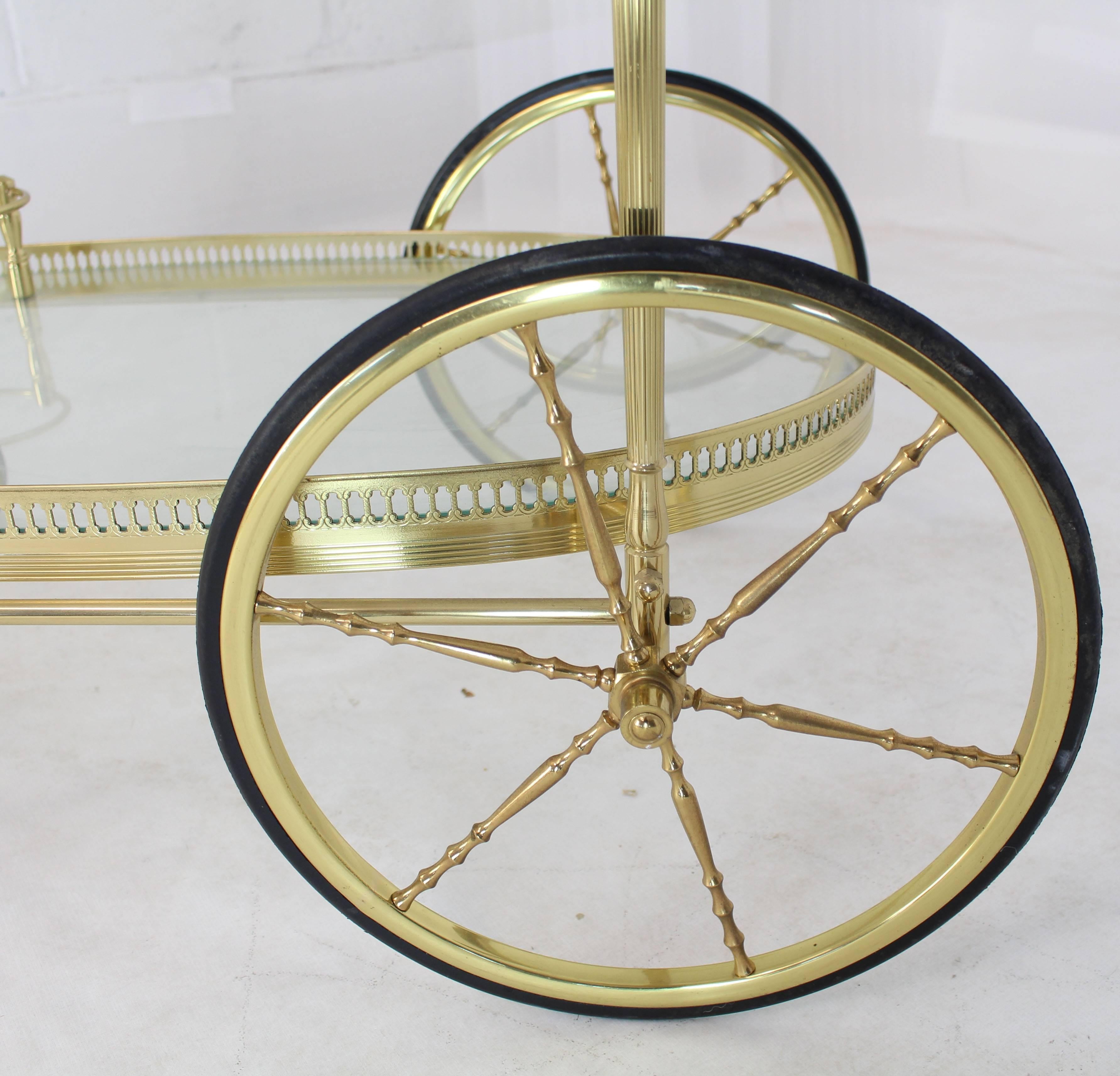 Cast Large Wheels Brass and Glass Tea Cart Bar with Bottle Holders