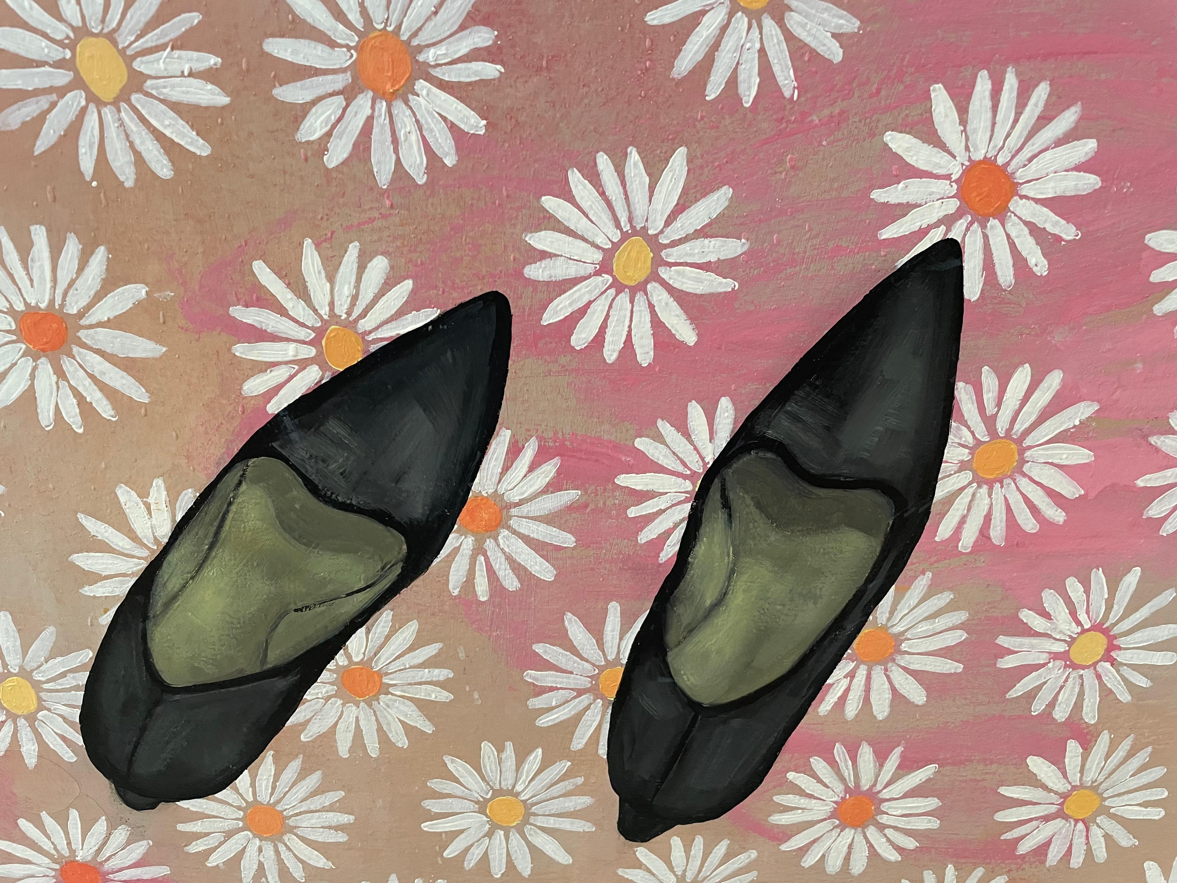 Modern Large Whimisical Painting on Canvas with Daisies and Slippers by Lorraine Peltz
