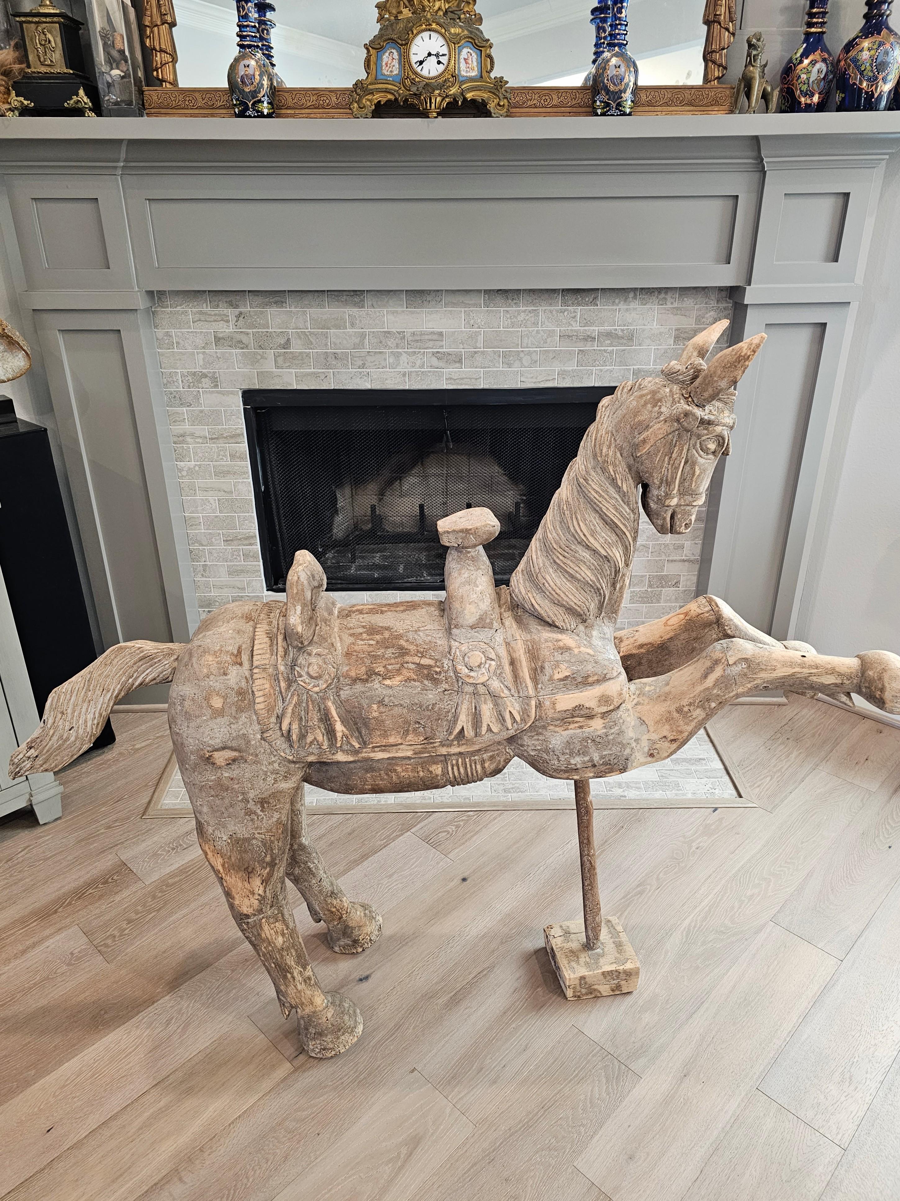 Large Whimsical Antique Hand Carved Wooden Horse Sculpture  For Sale 13