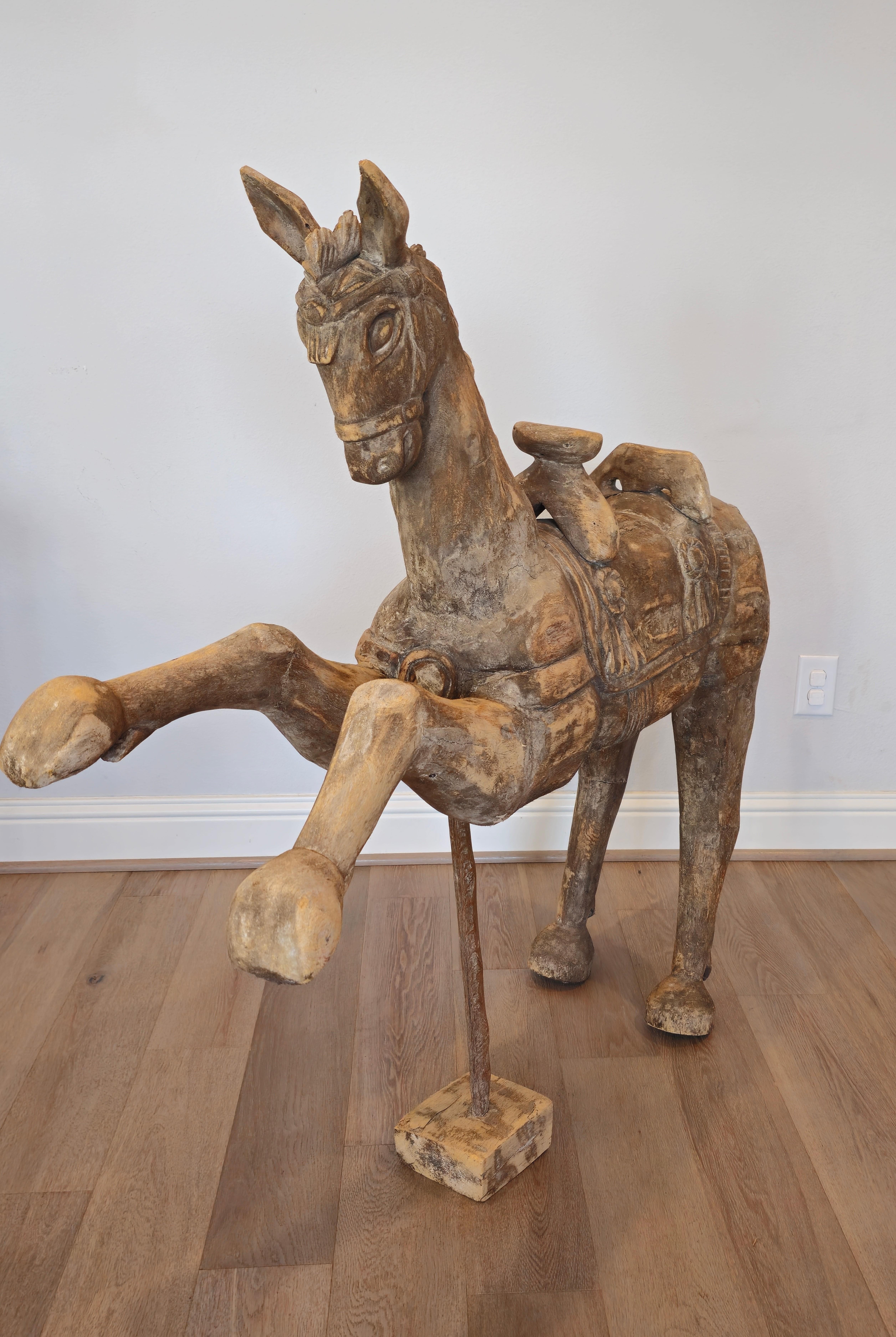 Folk Art Large Whimsical Antique Hand Carved Wooden Horse Sculpture  For Sale