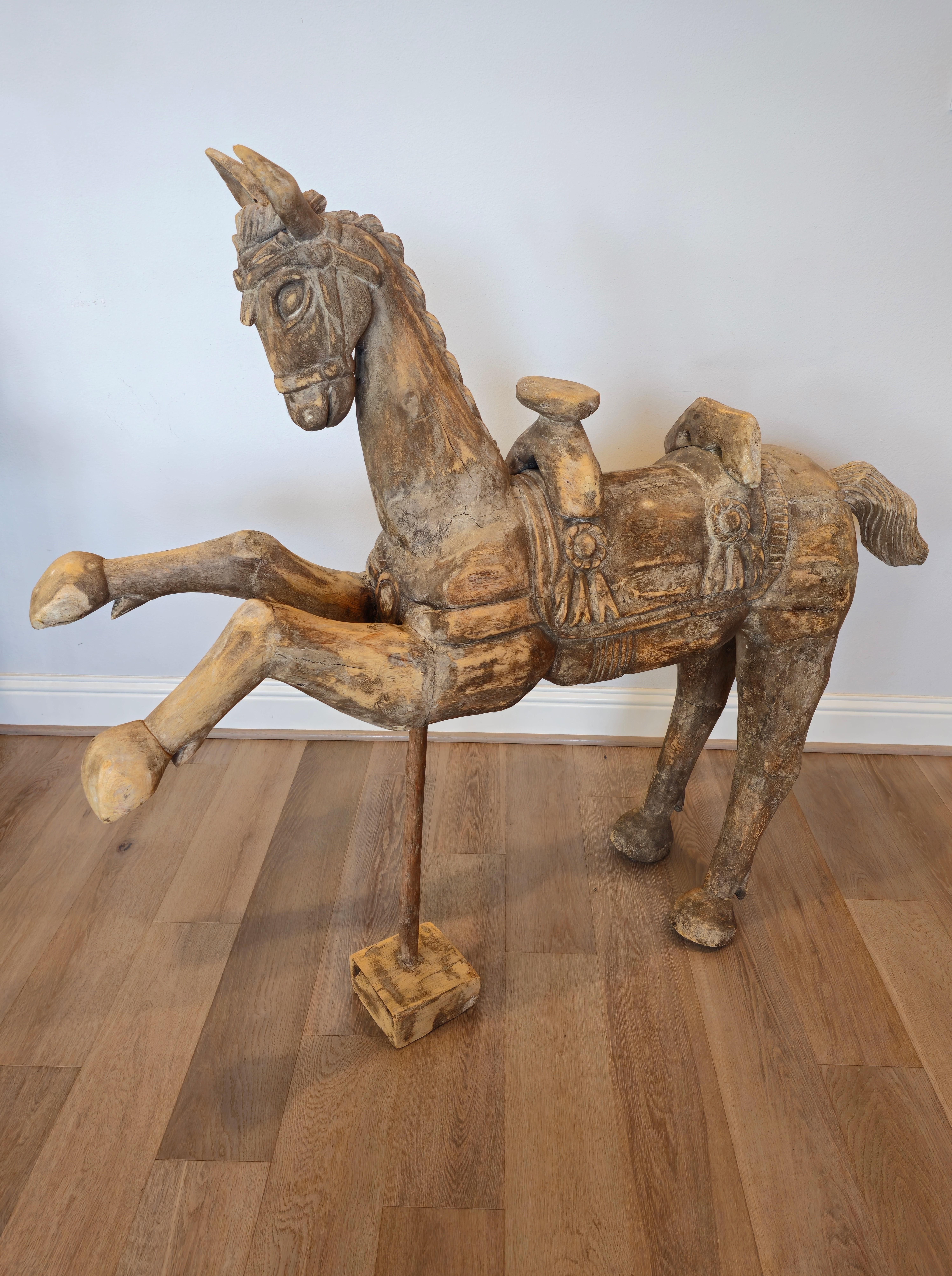 Hand-Carved Large Whimsical Antique Hand Carved Wooden Horse Sculpture  For Sale