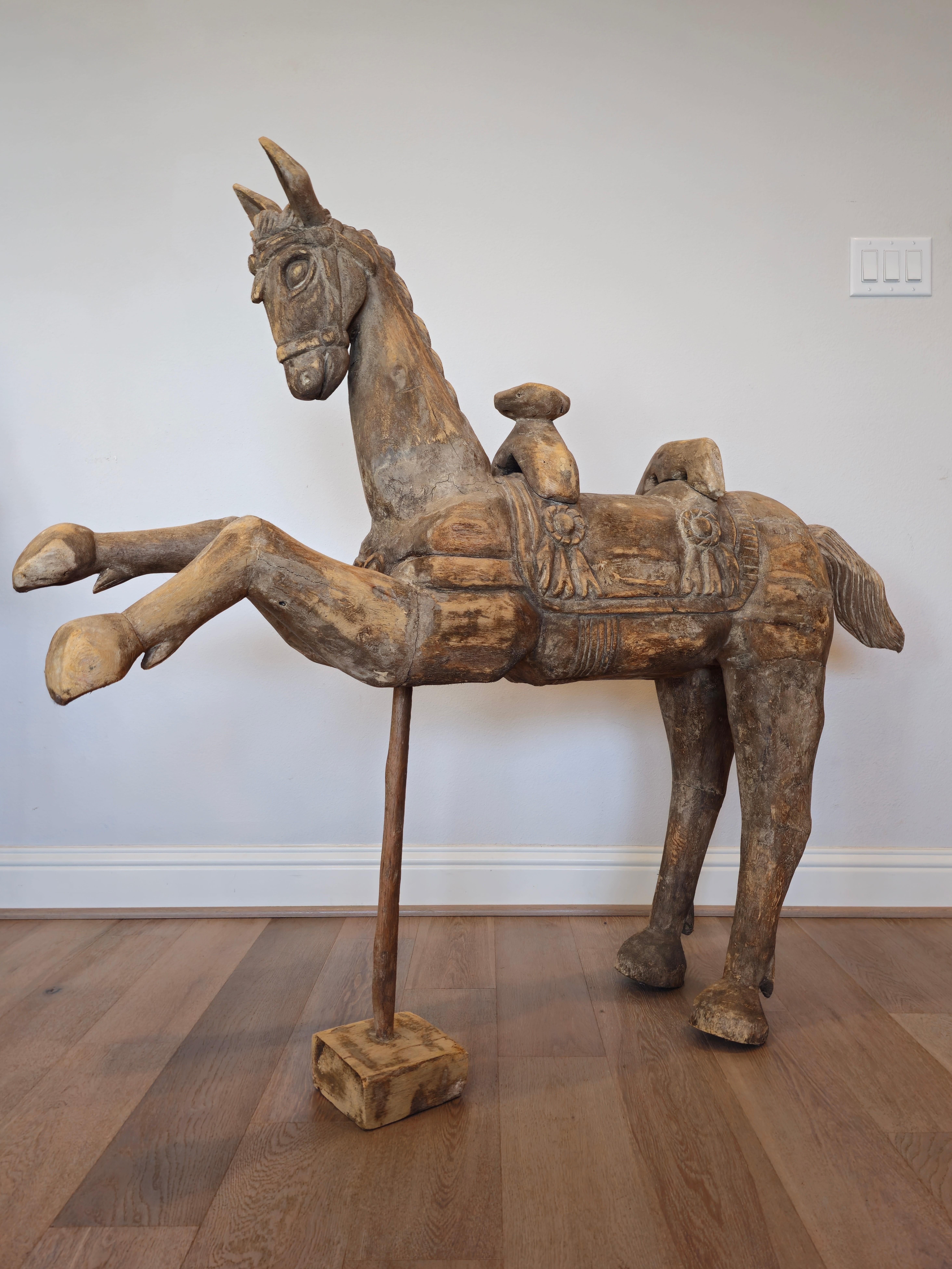 Large Whimsical Antique Hand Carved Wooden Horse Sculpture  In Good Condition For Sale In Forney, TX