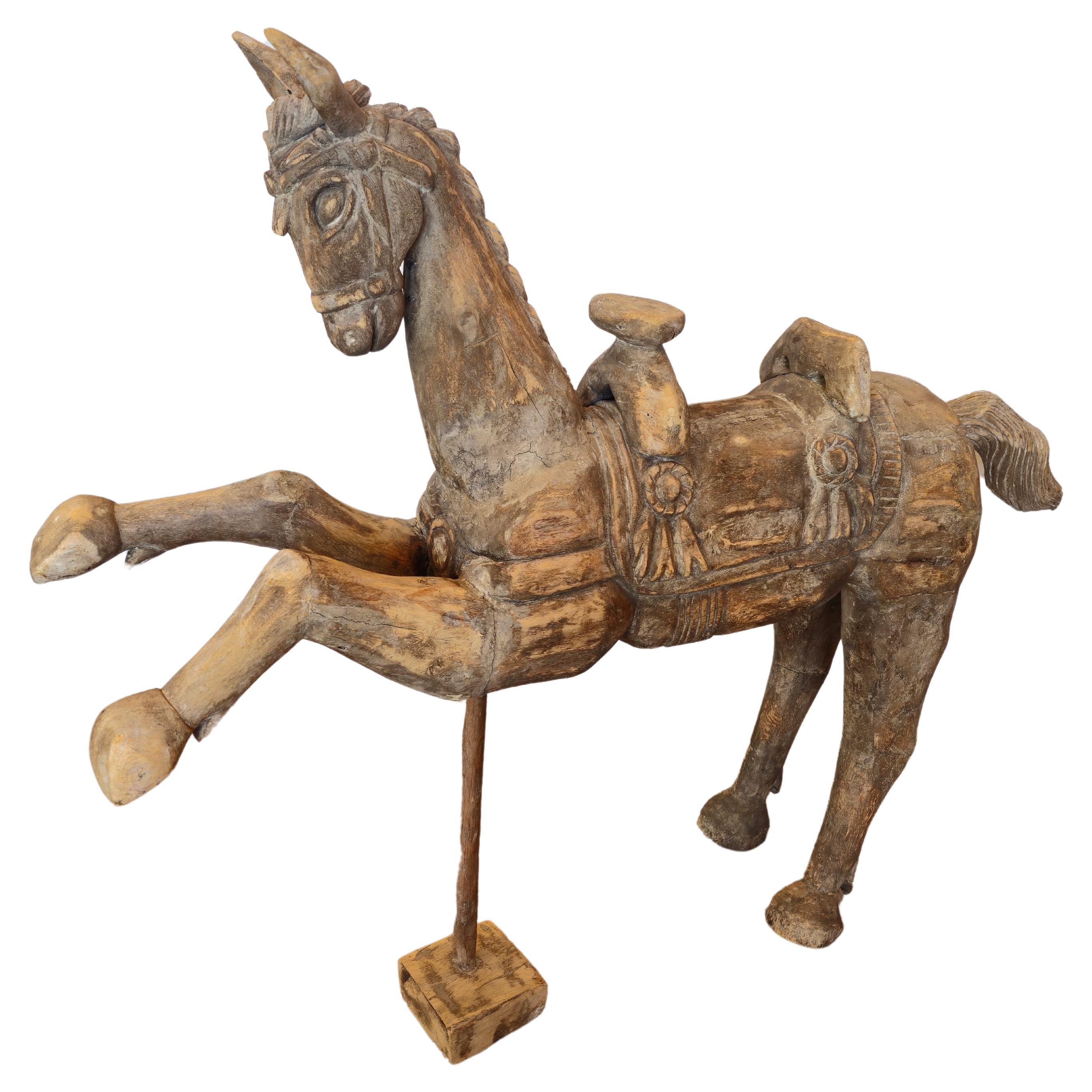 Large Whimsical Antique Hand Carved Wooden Horse Sculpture  For Sale