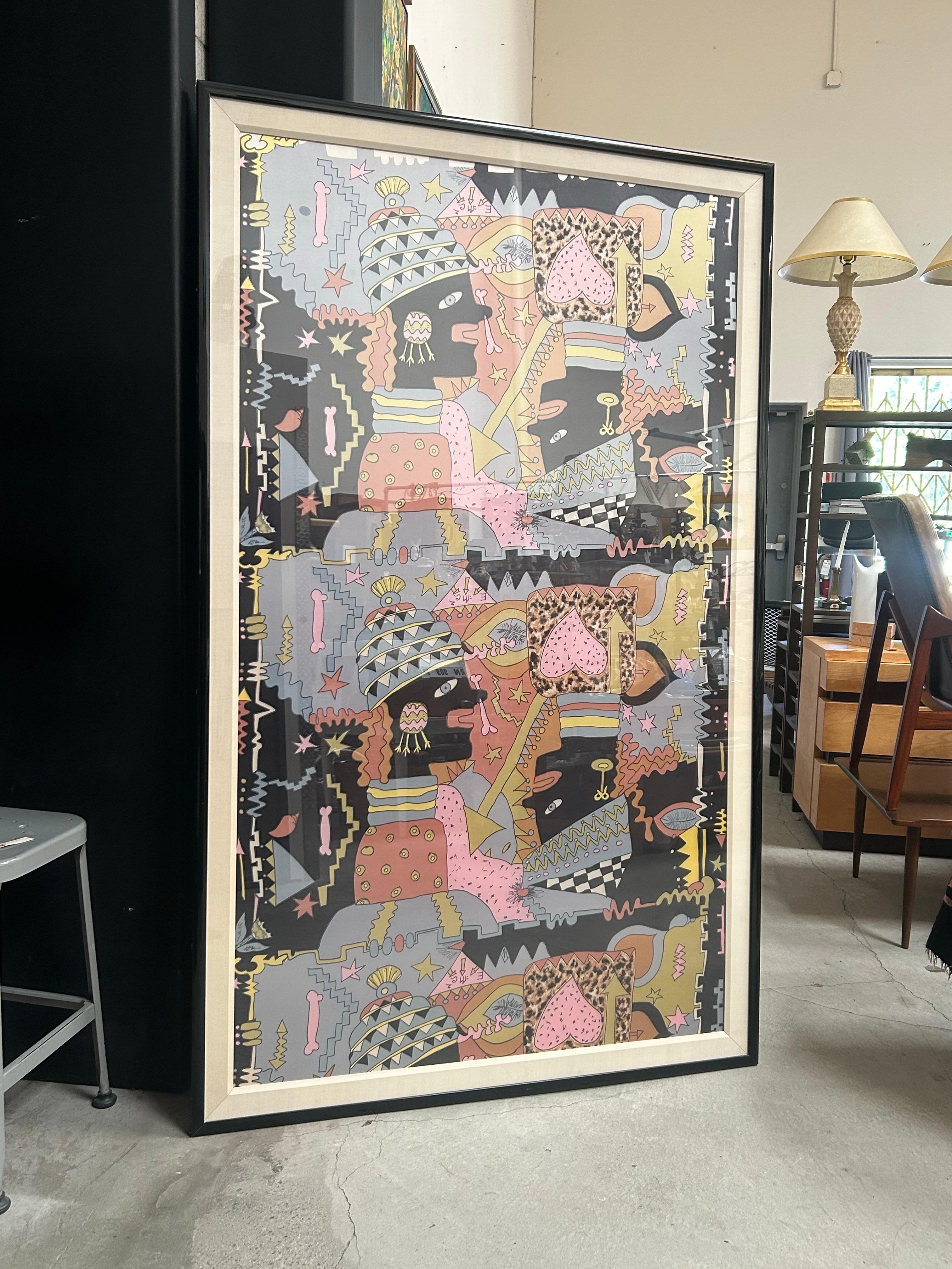 Große skurrile Grafik in gedruckten Farben auf Stoff 1980er Jahre im Angebot 6