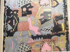 Large Whimsical Graphic Art Print in Colors on Fabric 1980's