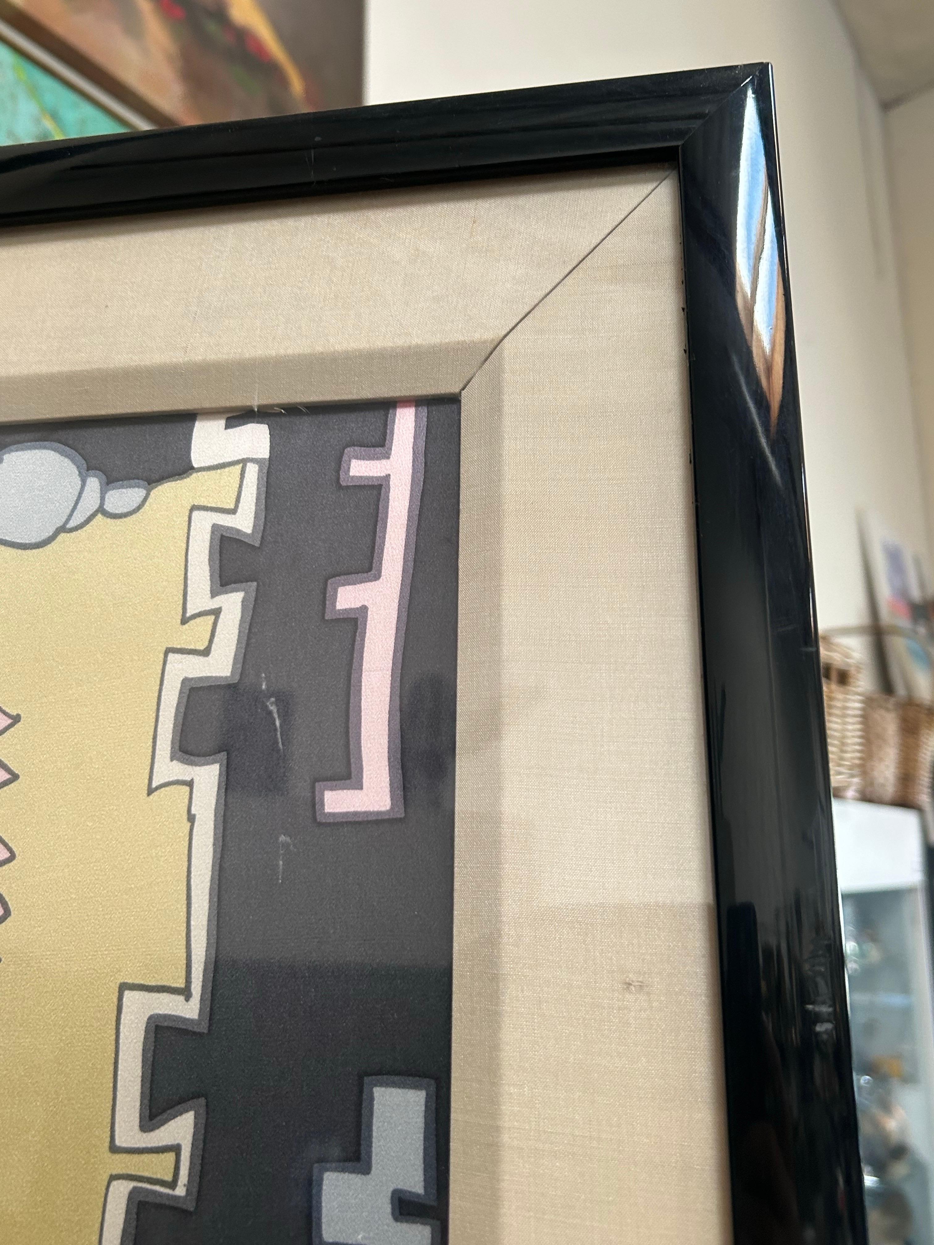 Große skurrile Grafik in gedruckten Farben auf Stoff 1980er Jahre (Moderne) im Angebot