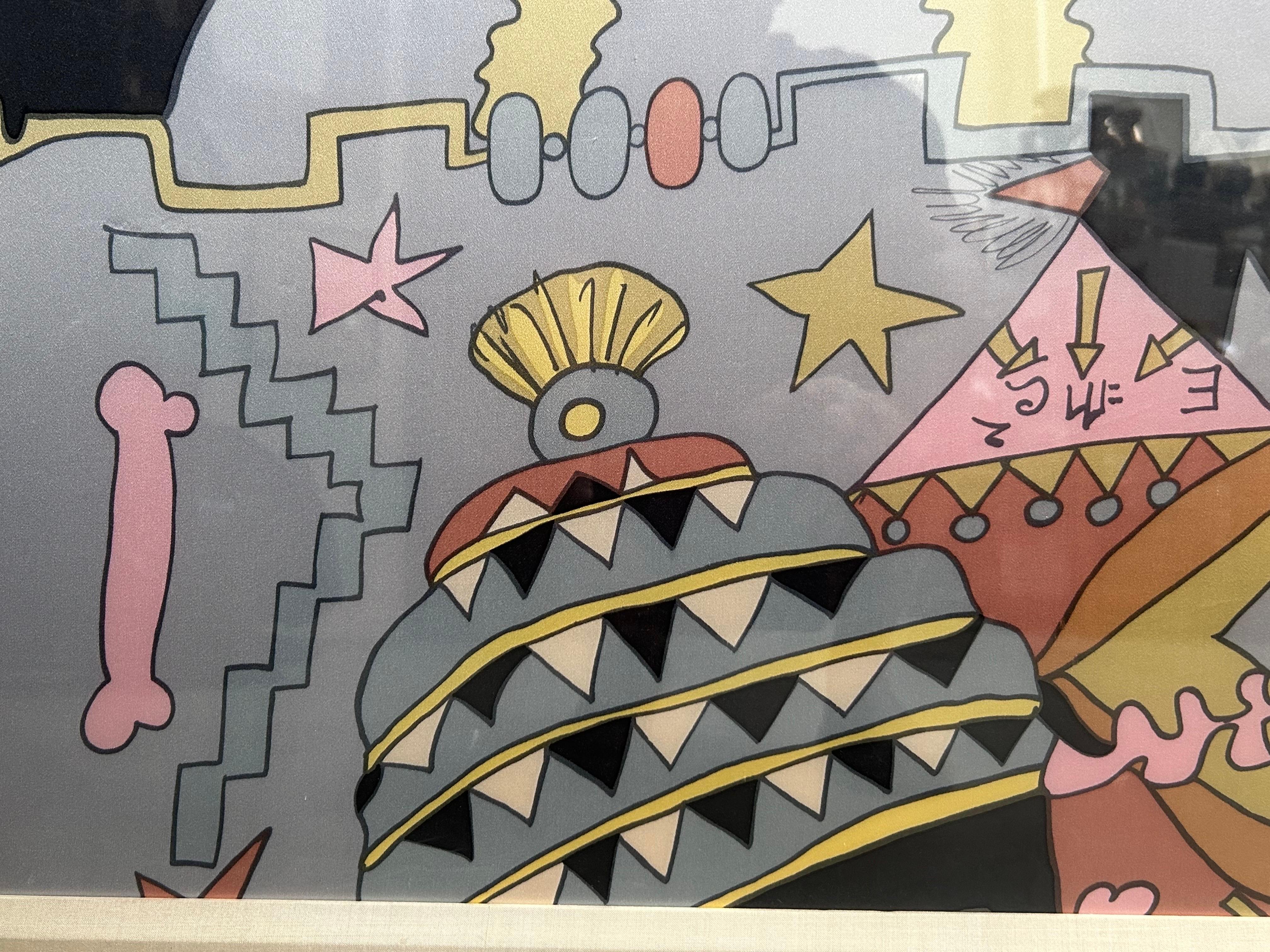 Große skurrile Grafik in gedruckten Farben auf Stoff 1980er Jahre (Unbekannt) im Angebot