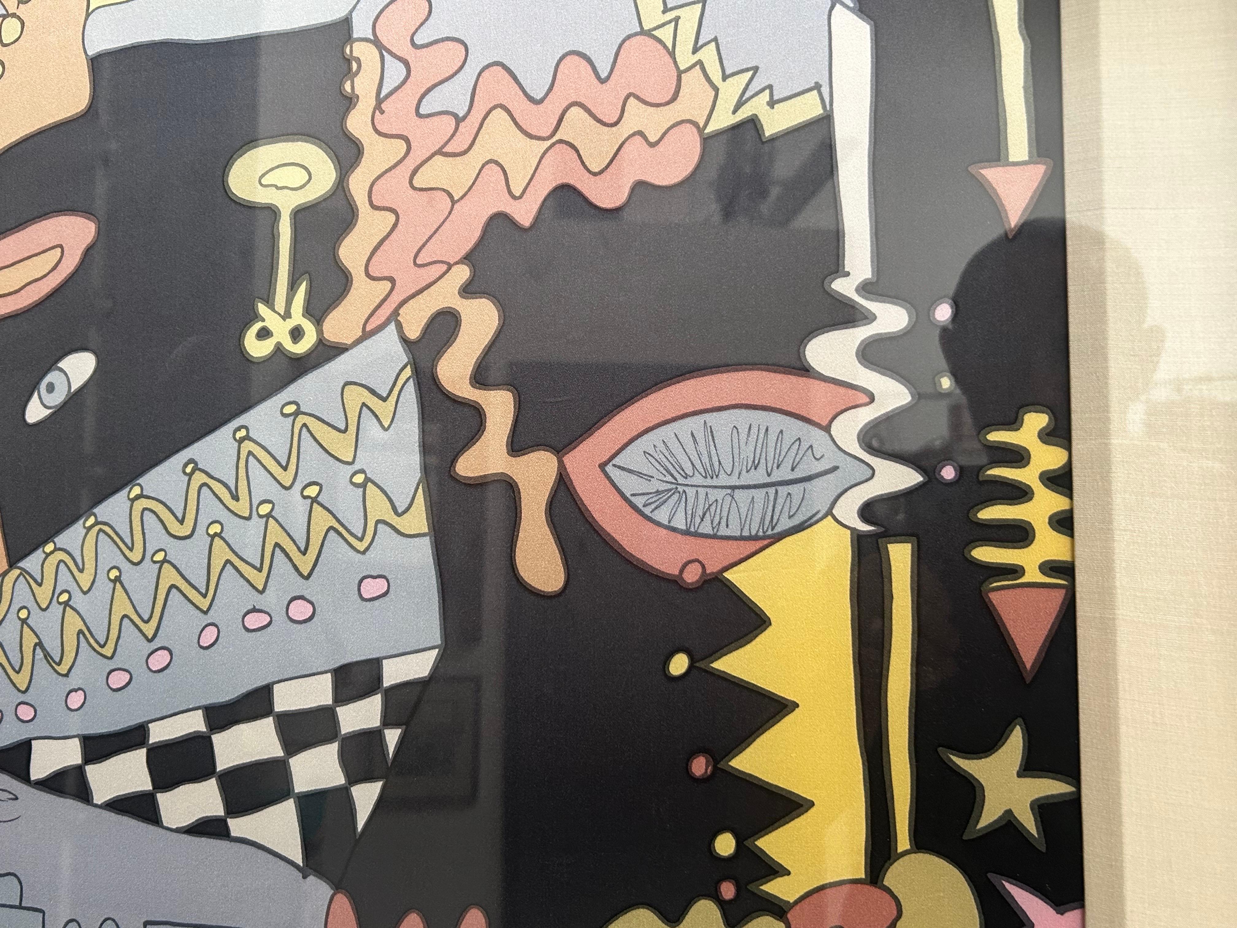 Große skurrile Grafik in gedruckten Farben auf Stoff 1980er Jahre (Handgefertigt) im Angebot