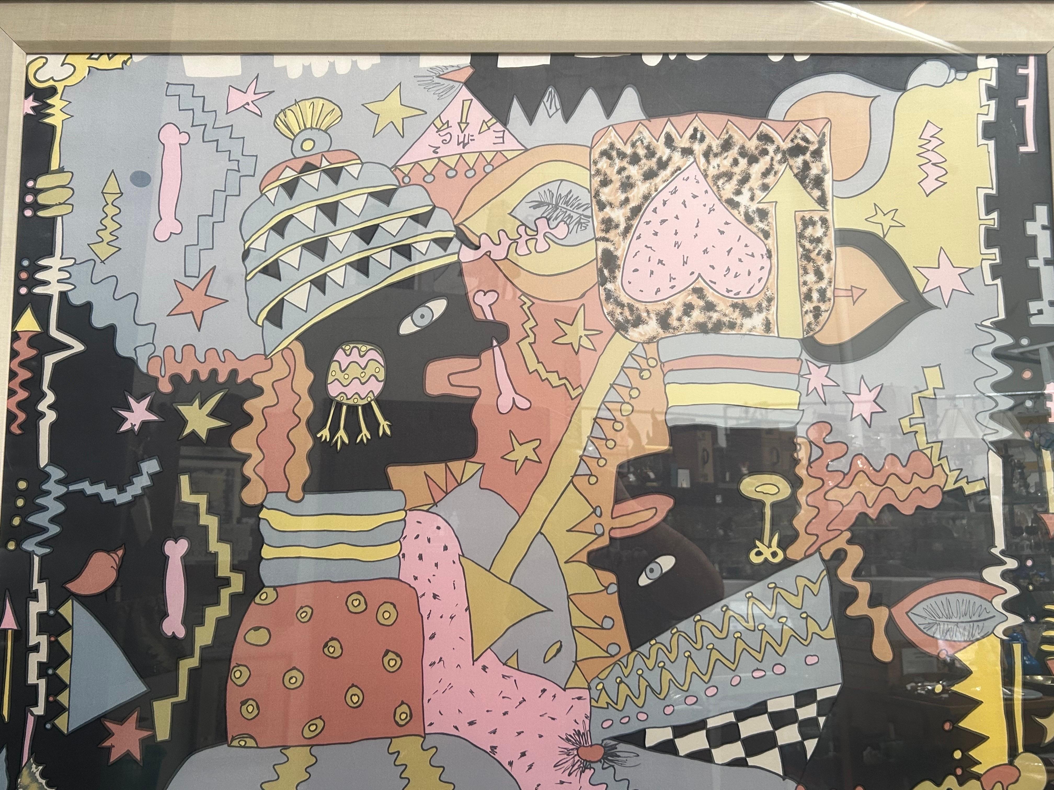 Große skurrile Grafik in gedruckten Farben auf Stoff 1980er Jahre im Zustand „Hervorragend“ im Angebot in Los Angeles, CA