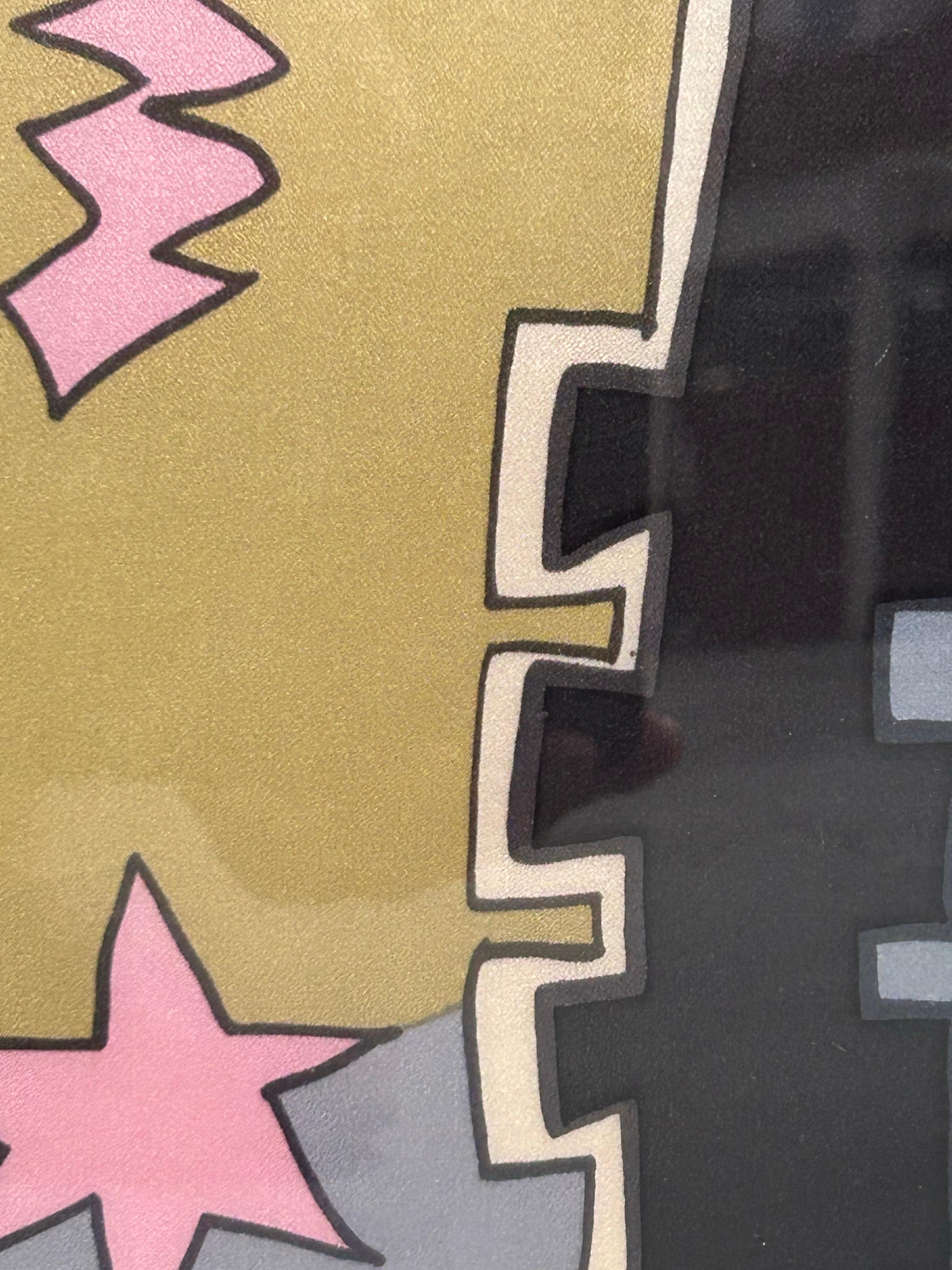 Große skurrile Grafik in gedruckten Farben auf Stoff 1980er Jahre im Angebot 2