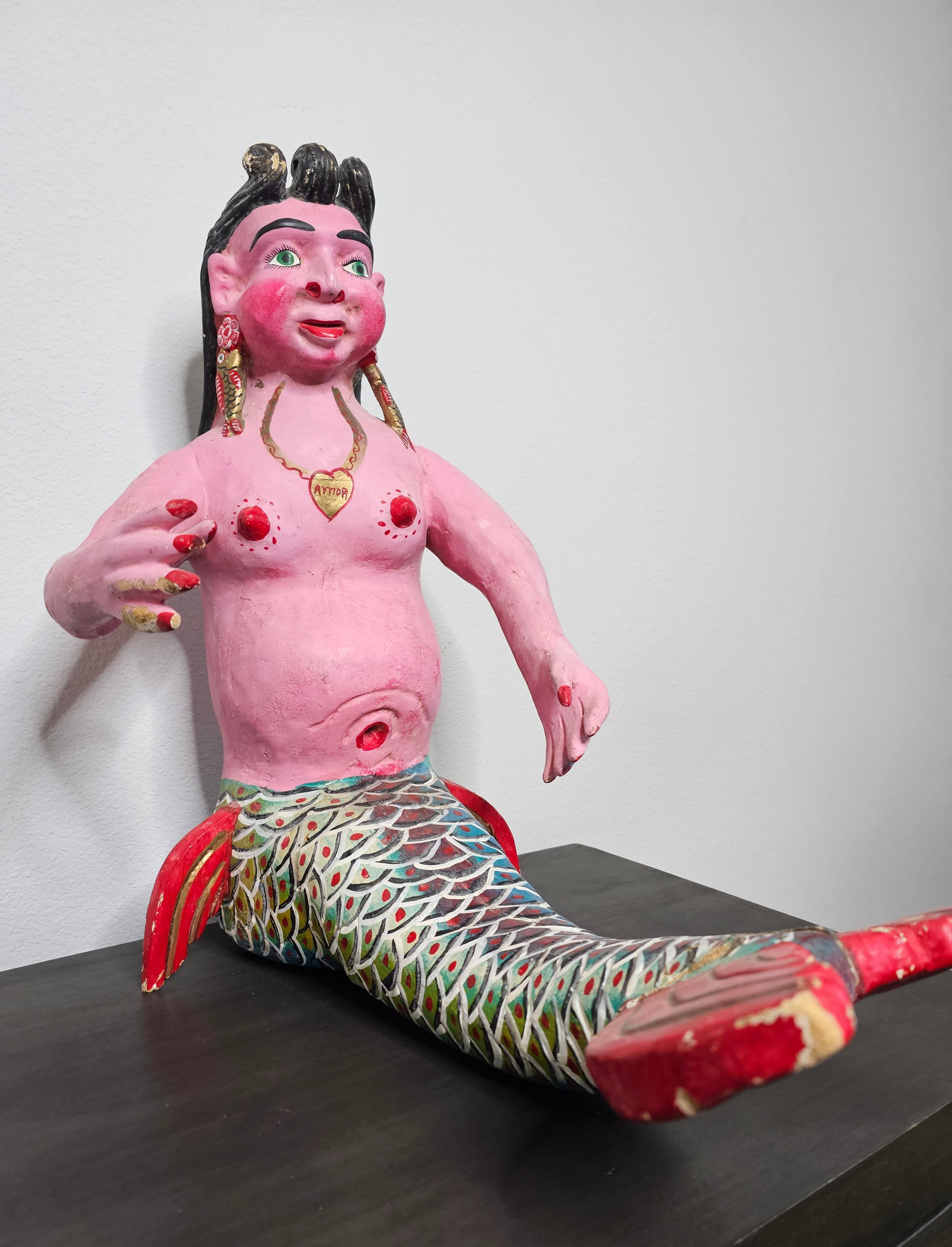 Large Whimsical Mexican Folk Art Carved Polychrome Mermaid Statue 5