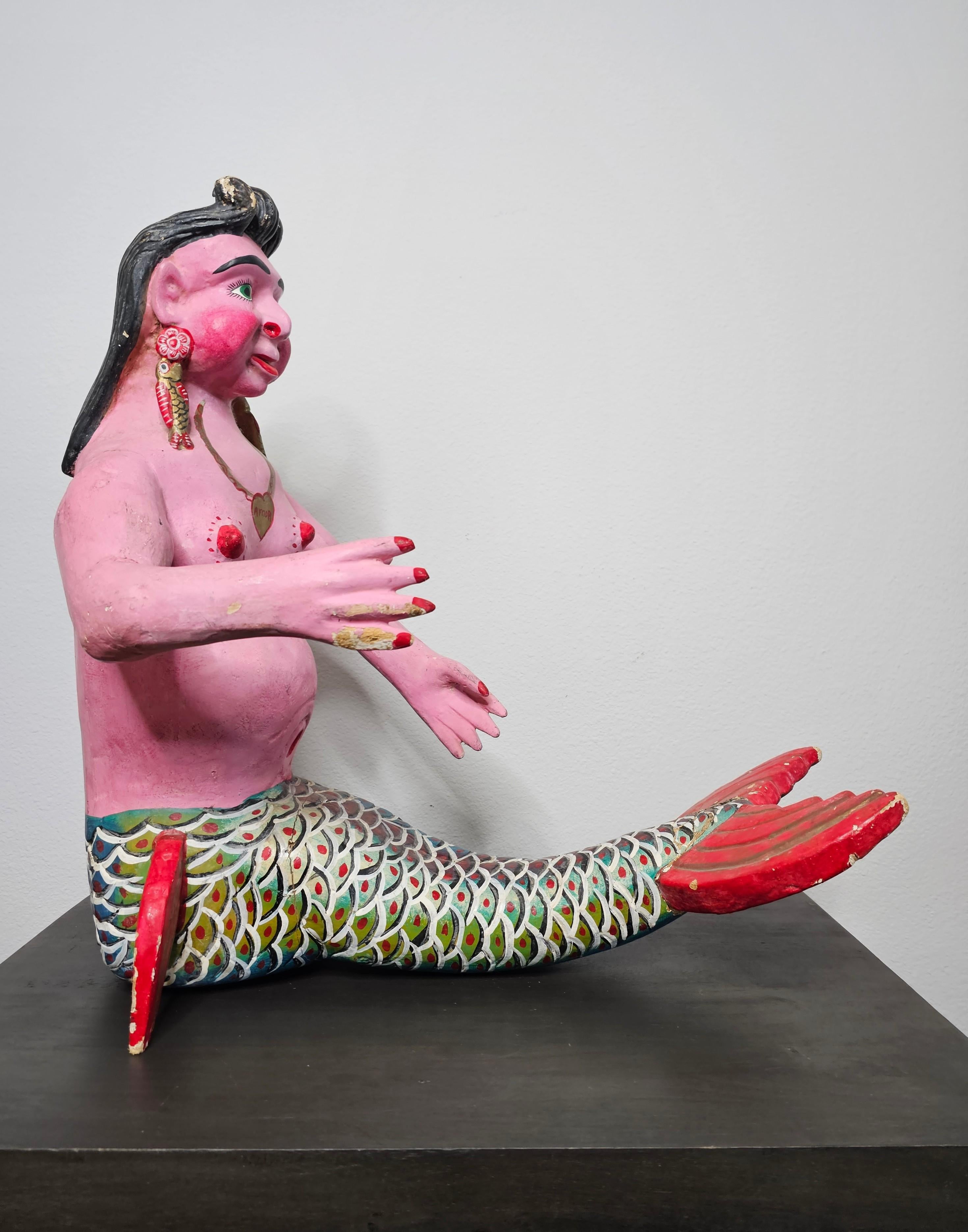 Large Whimsical Mexican Folk Art Carved Polychrome Mermaid Statue 6