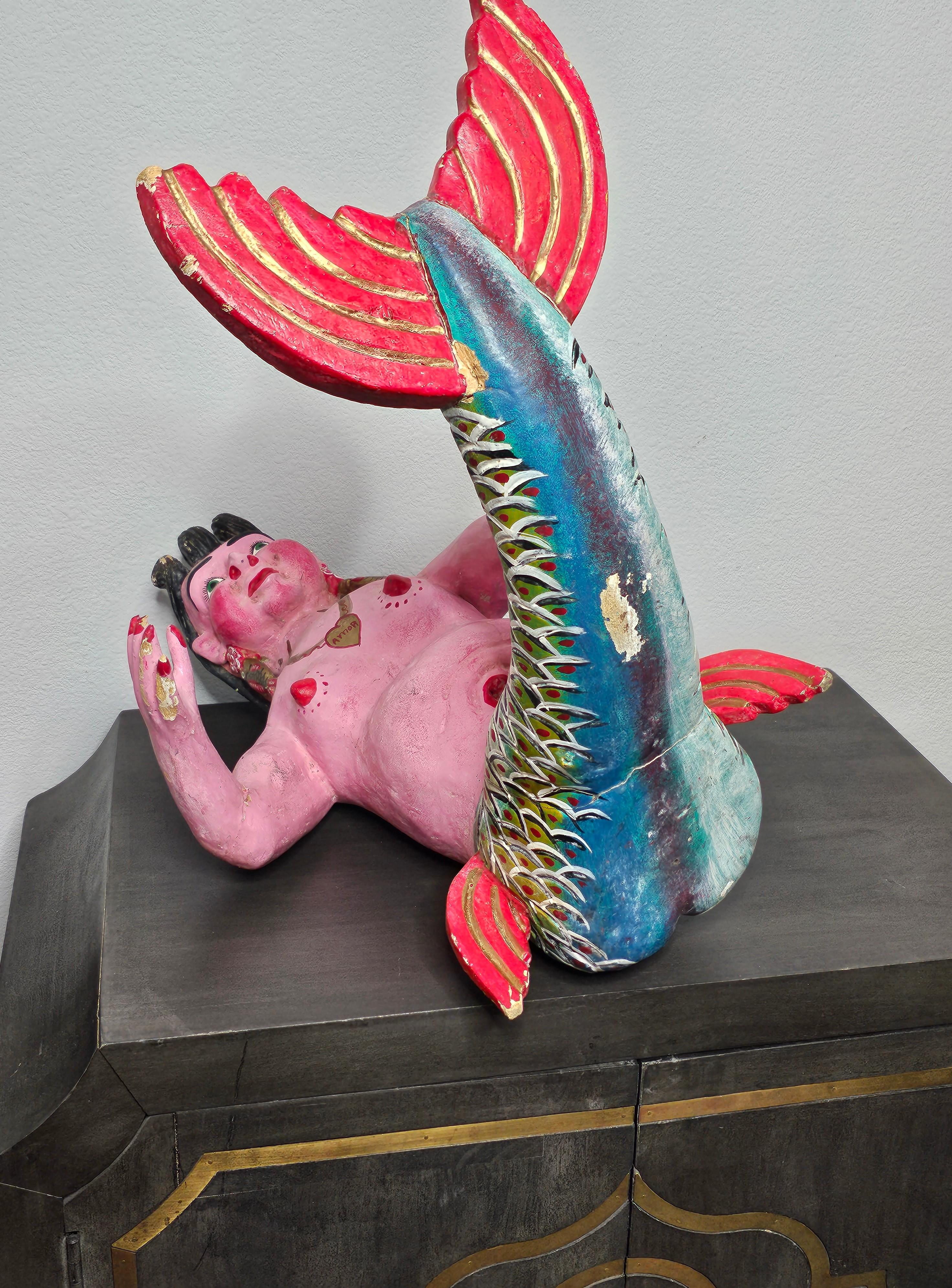 Large Whimsical Mexican Folk Art Carved Polychrome Mermaid Statue 10