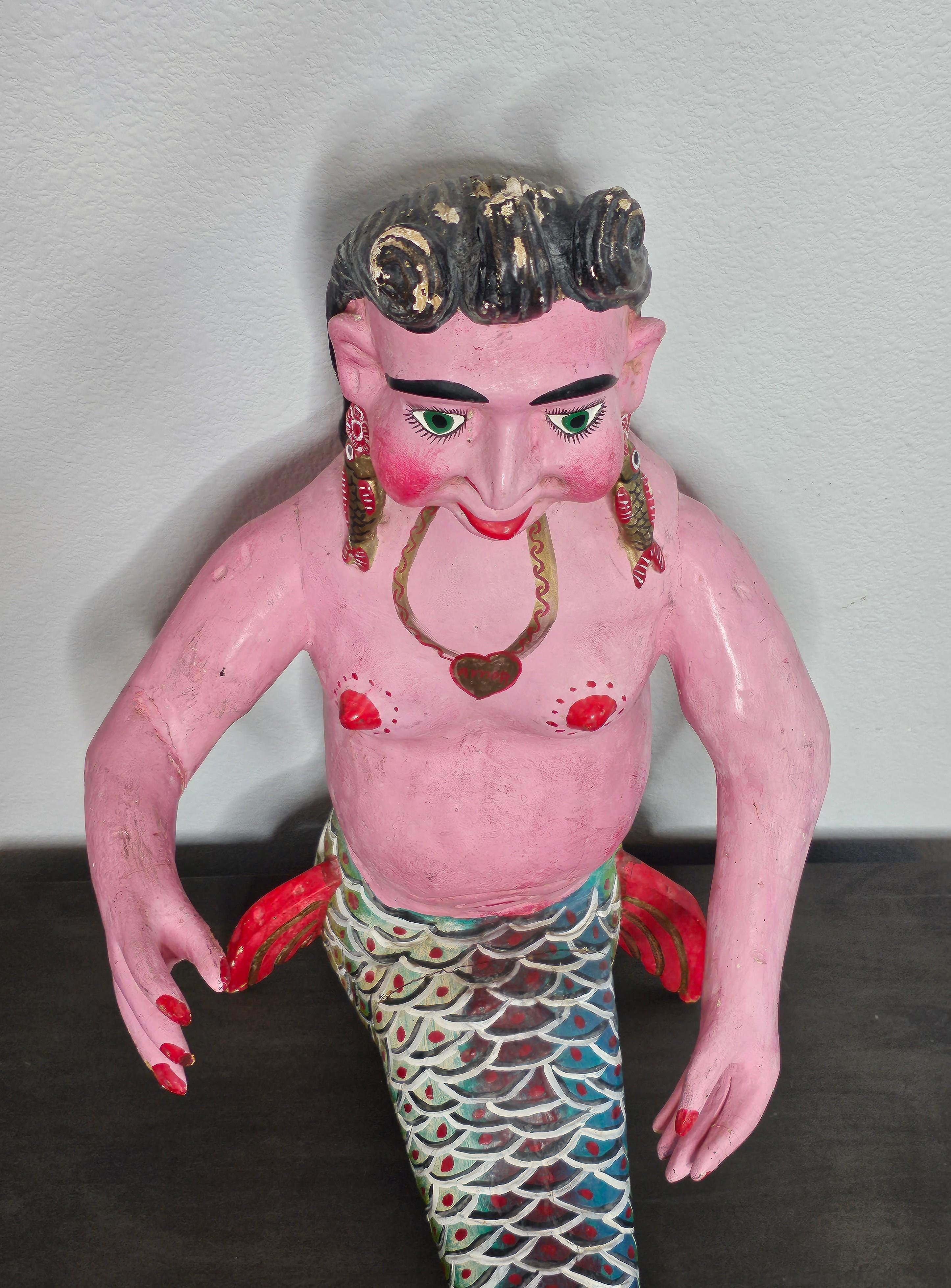 Large Whimsical Mexican Folk Art Carved Polychrome Mermaid Statue 12