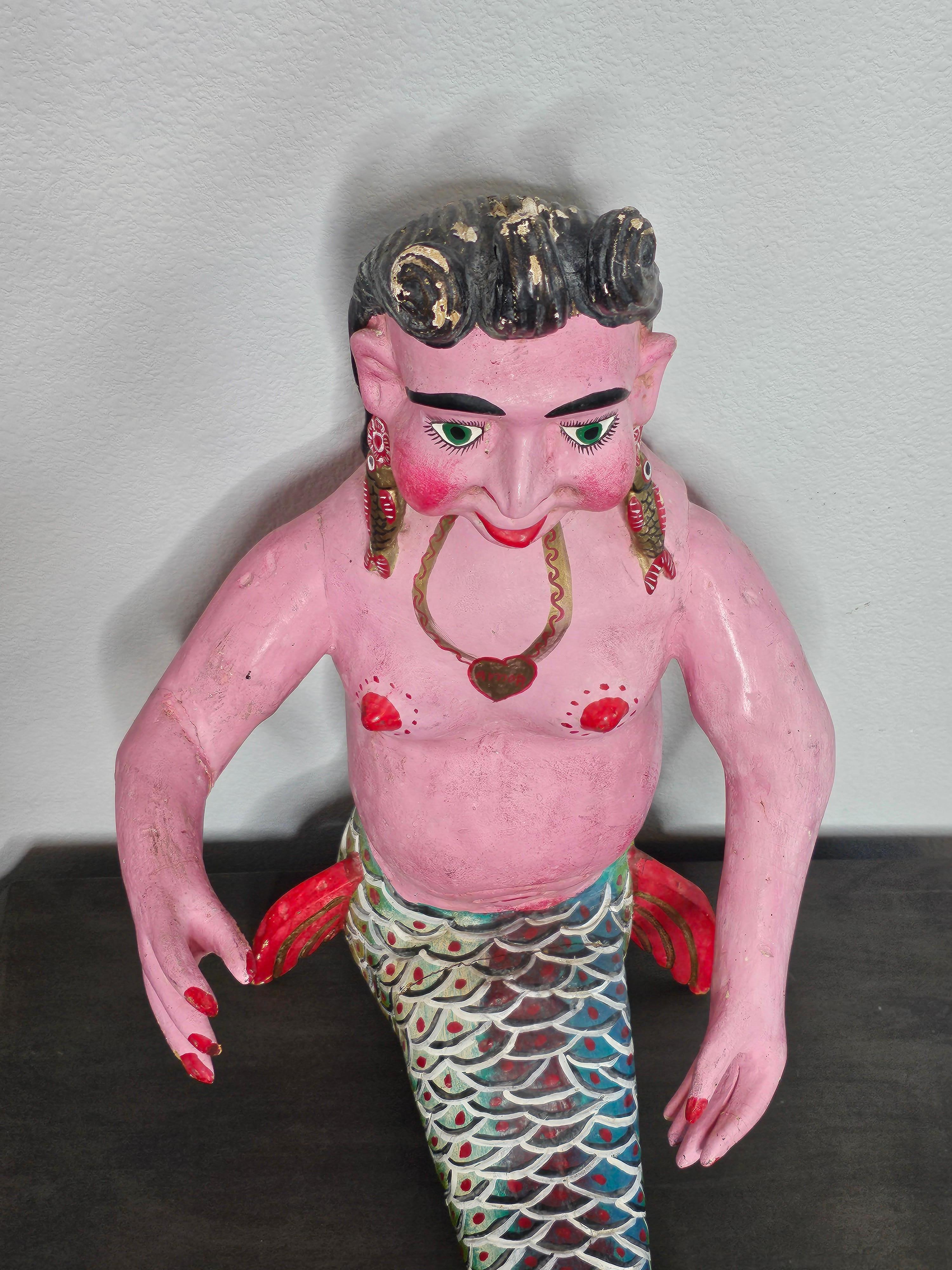 Large Whimsical Mexican Folk Art Carved Polychrome Mermaid Statue 2