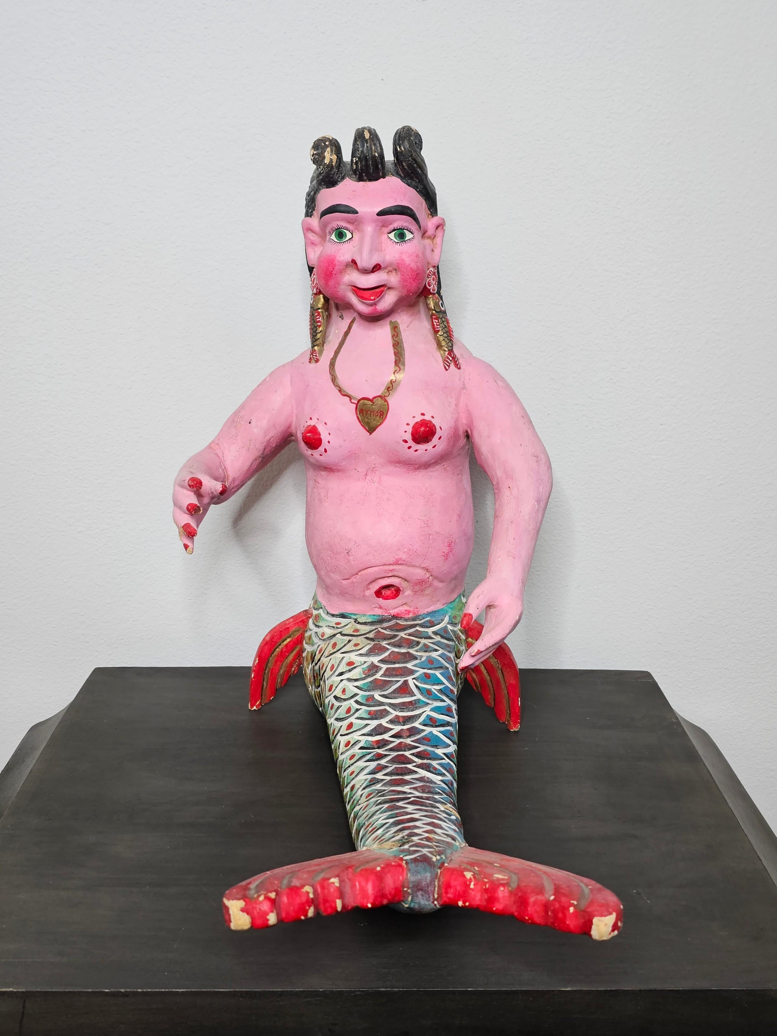 Large Whimsical Mexican Folk Art Carved Polychrome Mermaid Statue 3
