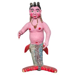 Large Whimsical Mexican Folk Art Carved Polychrome Mermaid Statue