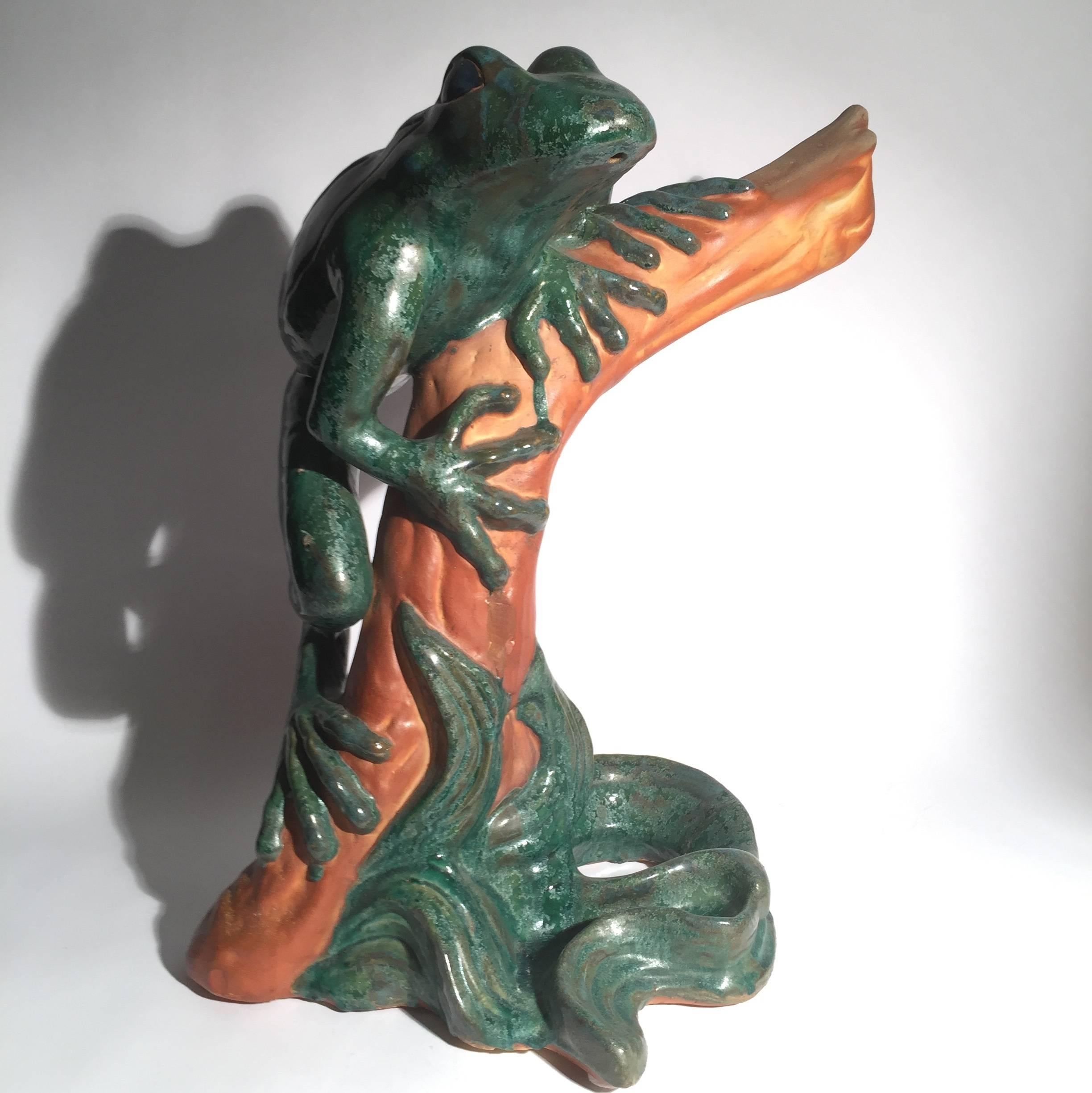 Large Whimsical Midcentury Faience Sculpture of a Frog 1
