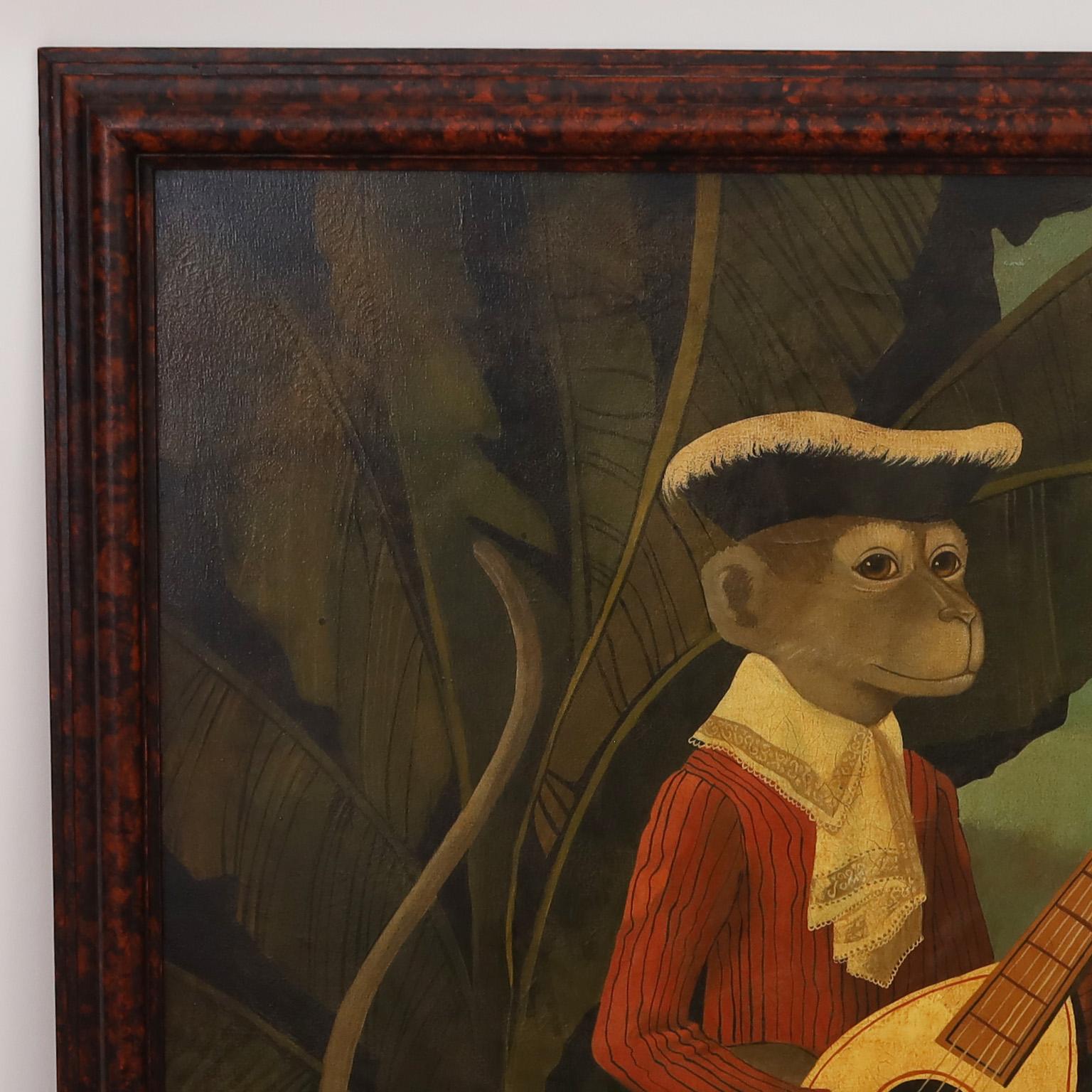 Fanciful oil painting on canvas depicting two well dressed monkeys in a jungle setting, one with a lute and one with parrots, executed in a tongue in cheek Victorian parlor painting style. Signed Skilling in the lower right.