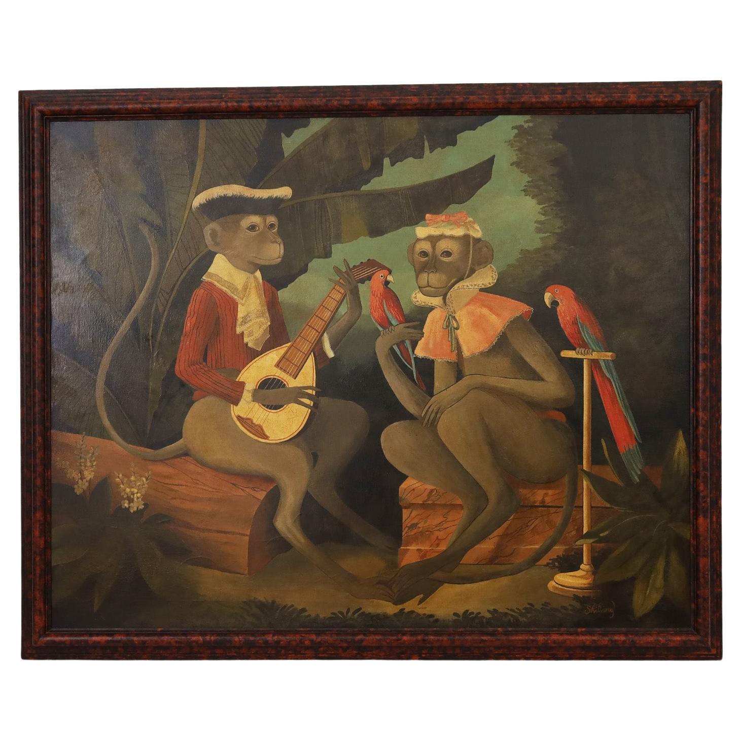 Large Whimsical Oil Painting on Canvas of Monkeys by William Skilling