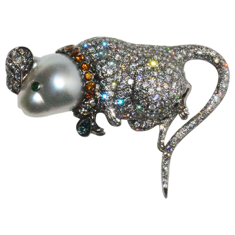 Large Whimsical South Sea Pearl Mouse Brooch Encrusted in Diamonds