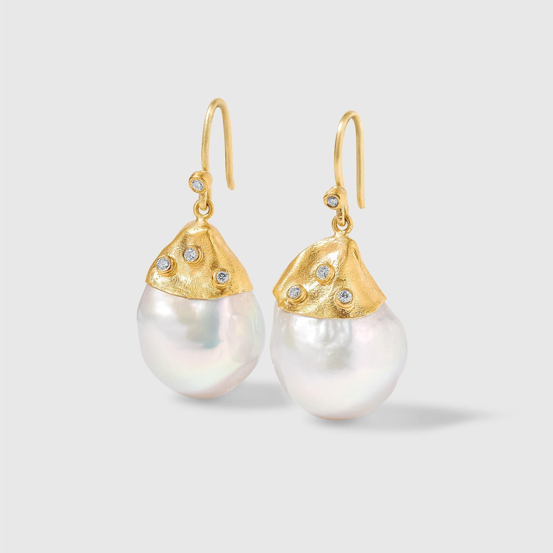 Large, White, 54ct Baroque Pearl Earrings with Diamonds, in 24kt Gold by Prehistoric Works of Istanbul, Turkey. Length: 34mm (1.4