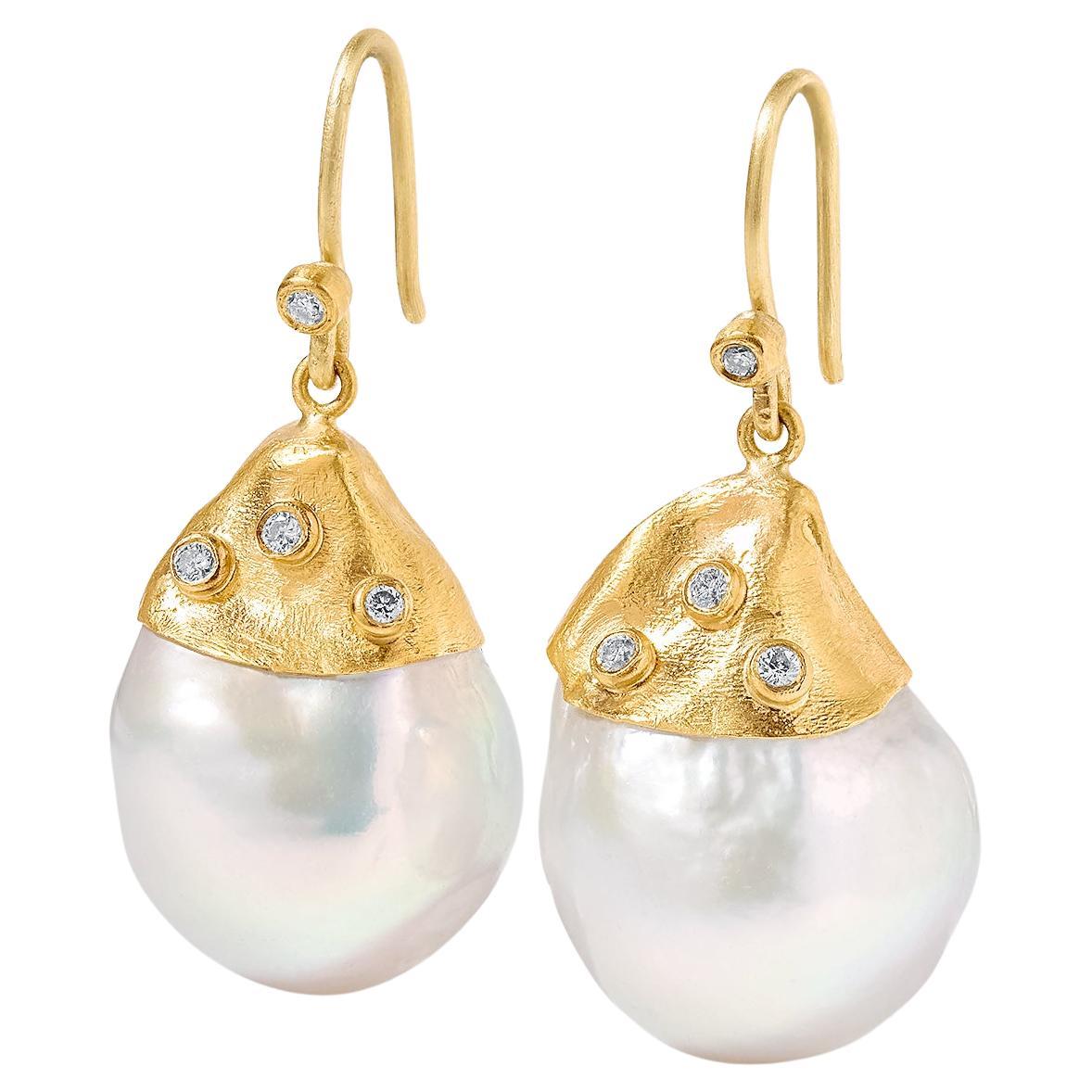 Large, White, 54ct Baroque Pearl Earrings with Diamonds, in 24kt Gold For Sale