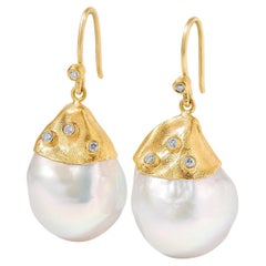 Vintage Large, White, 54ct Baroque Pearl Earrings with Diamonds, in 24kt Gold