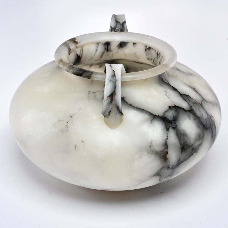 Large White Alabaster Vase with Handles and Gray Veining at 1stDibs