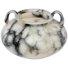 Large White Alabaster Vase with Handles and Gray Veining