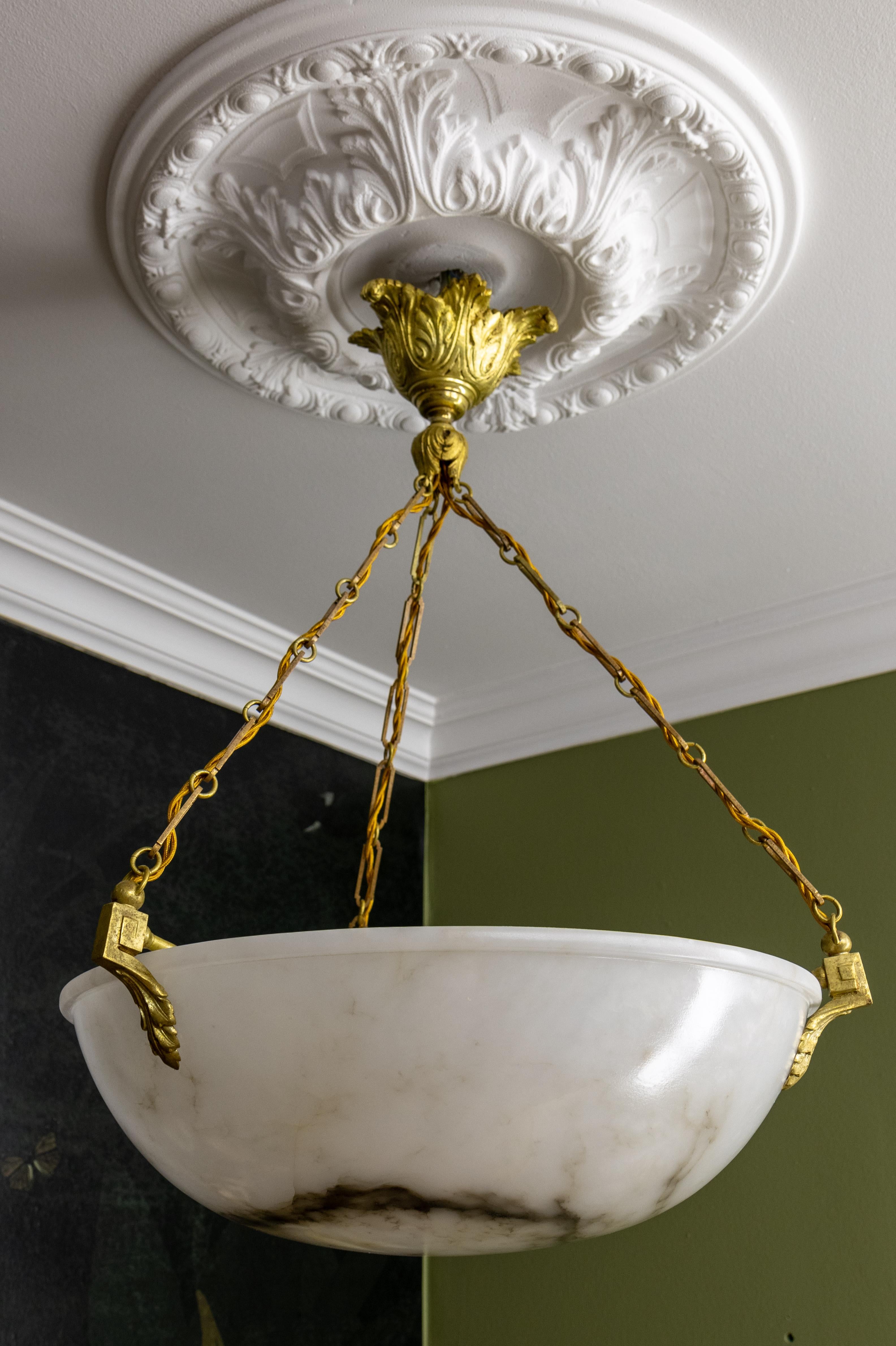 Large White Alabaster with Black Veins & Bronze Pendant Chandelier, ca. 1920 For Sale 4
