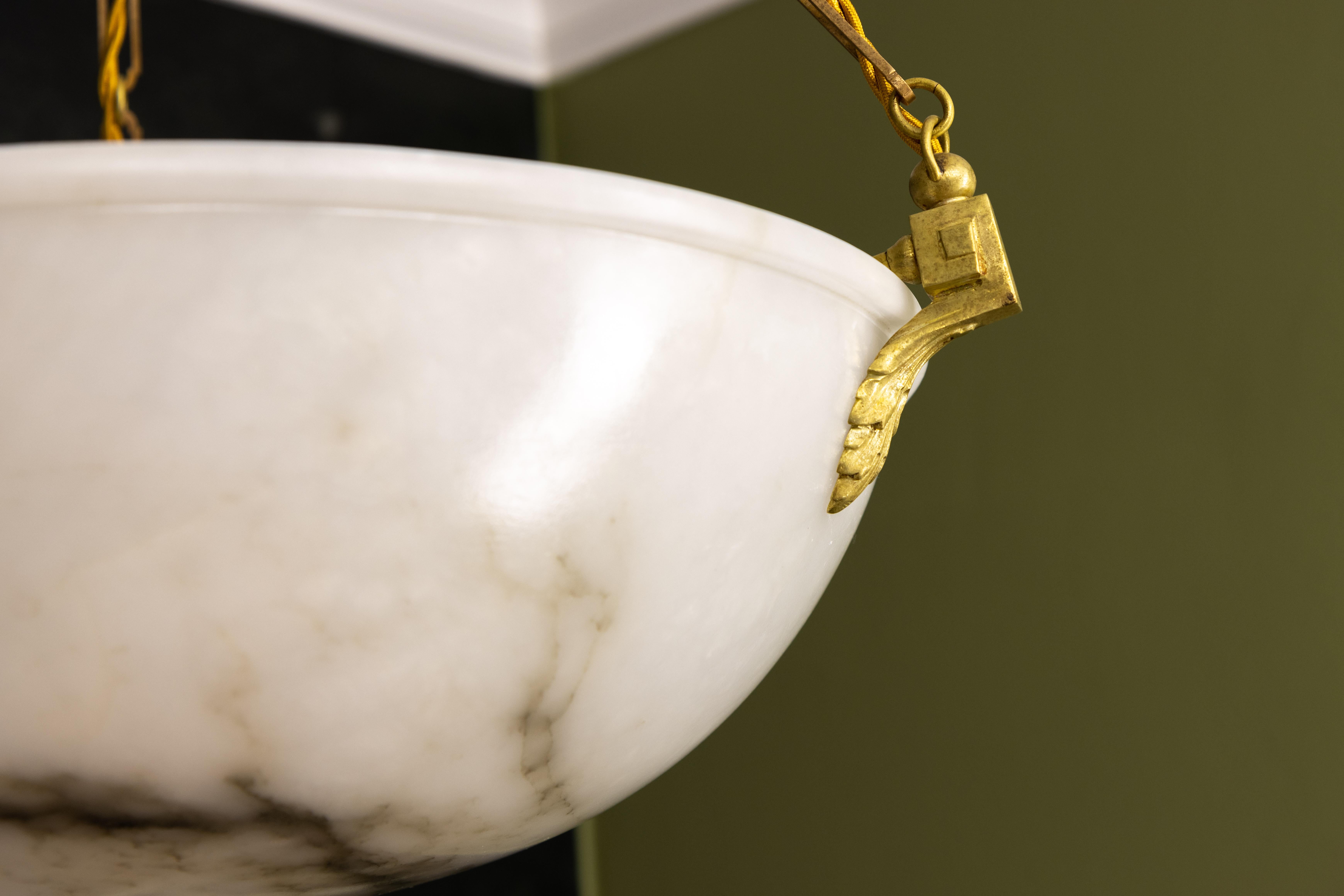 Large White Alabaster with Black Veins & Bronze Pendant Chandelier, ca. 1920 For Sale 5