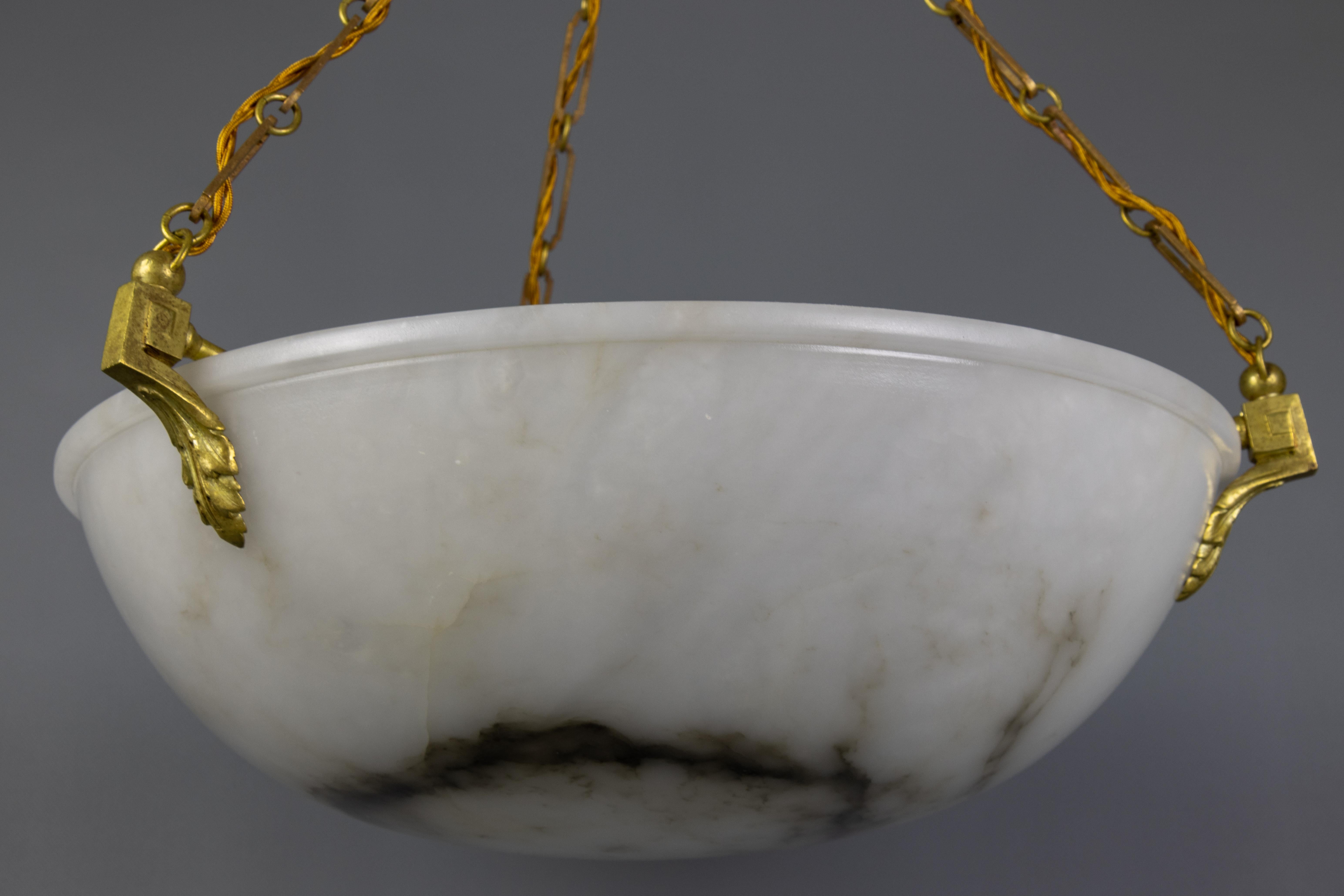 Large White Alabaster with Black Veins & Bronze Pendant Chandelier, ca. 1920 For Sale 6