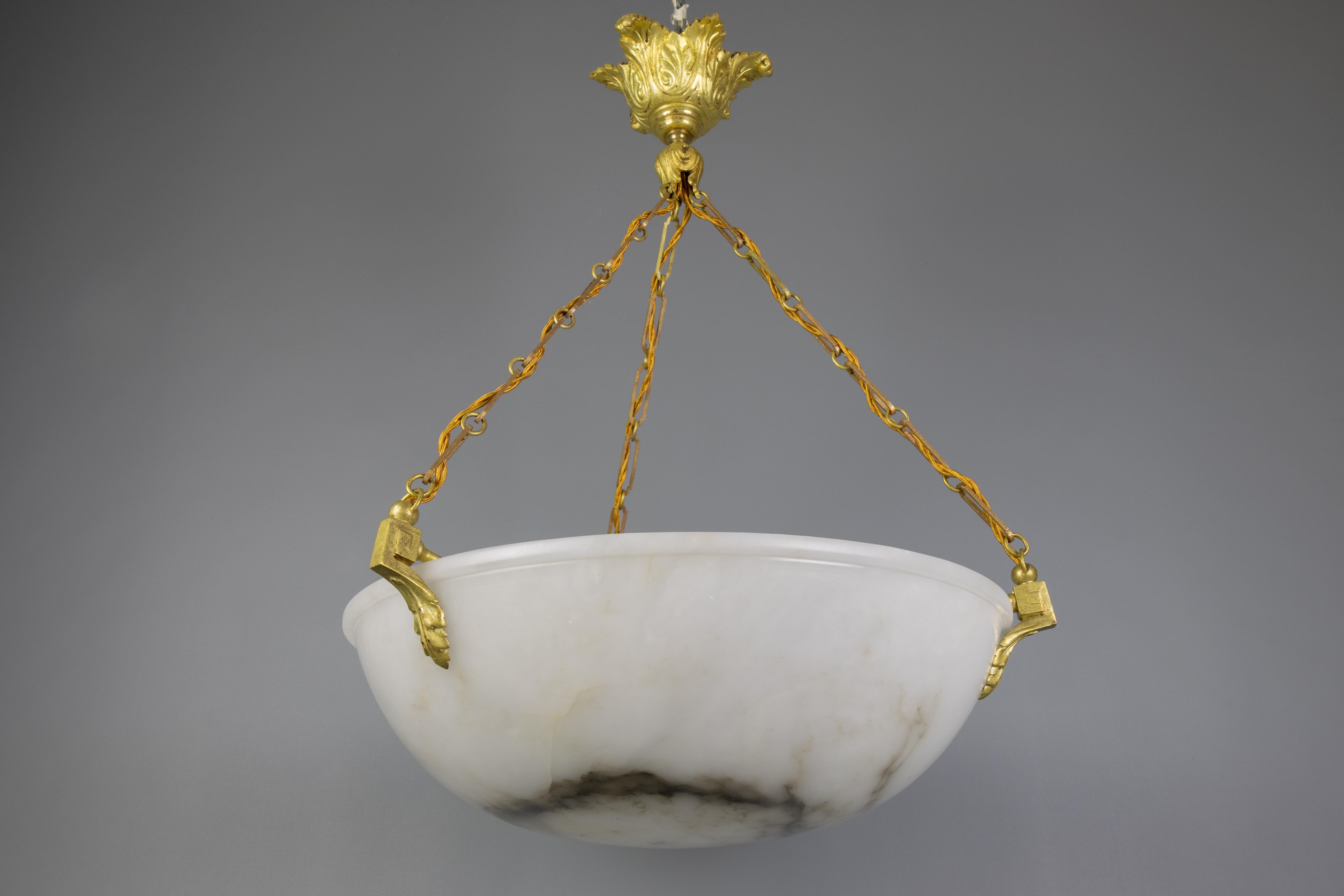 Large White Alabaster with Black Veins & Bronze Pendant Chandelier, ca. 1920 For Sale 7