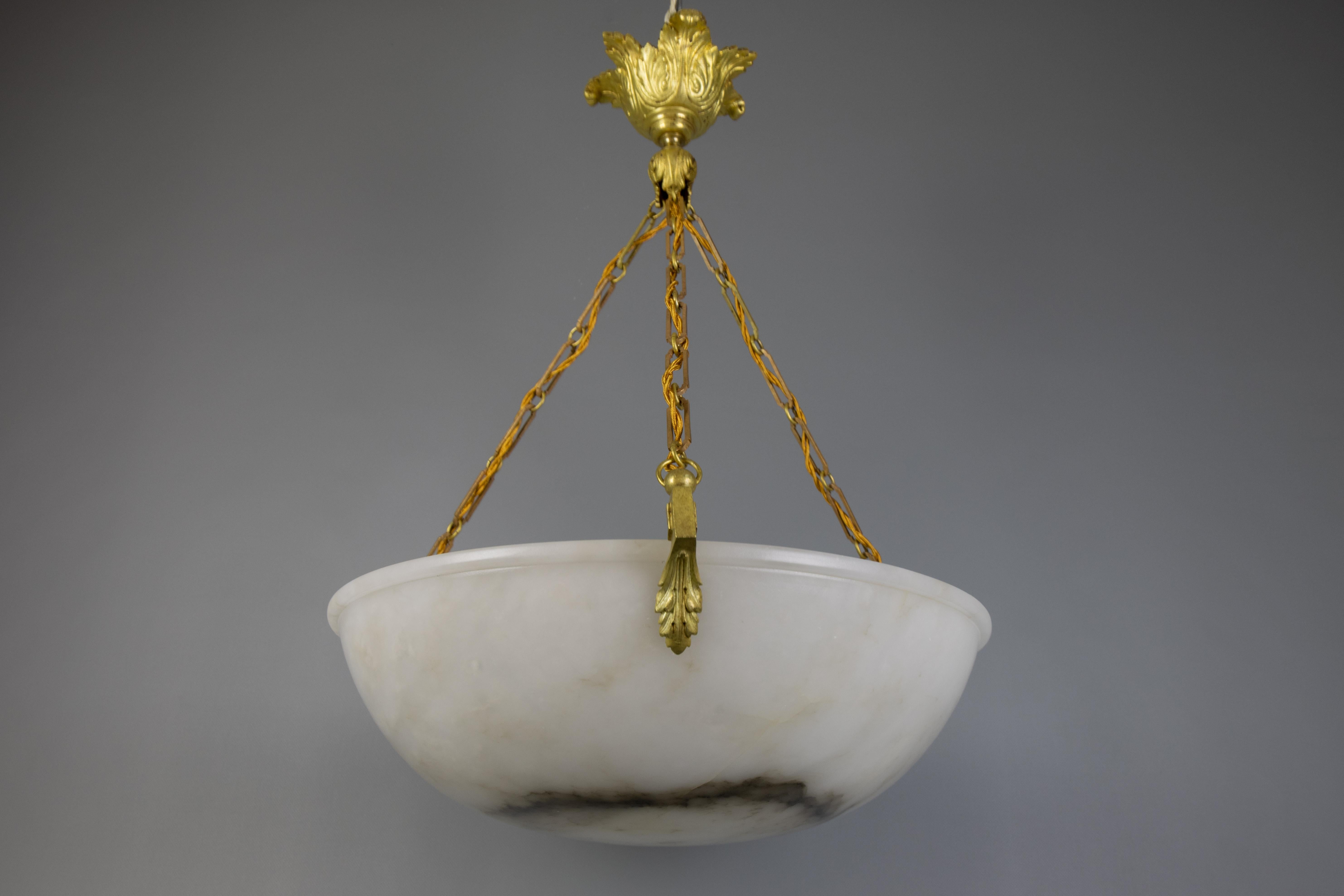 Large White Alabaster with Black Veins & Bronze Pendant Chandelier, ca. 1920 For Sale 8