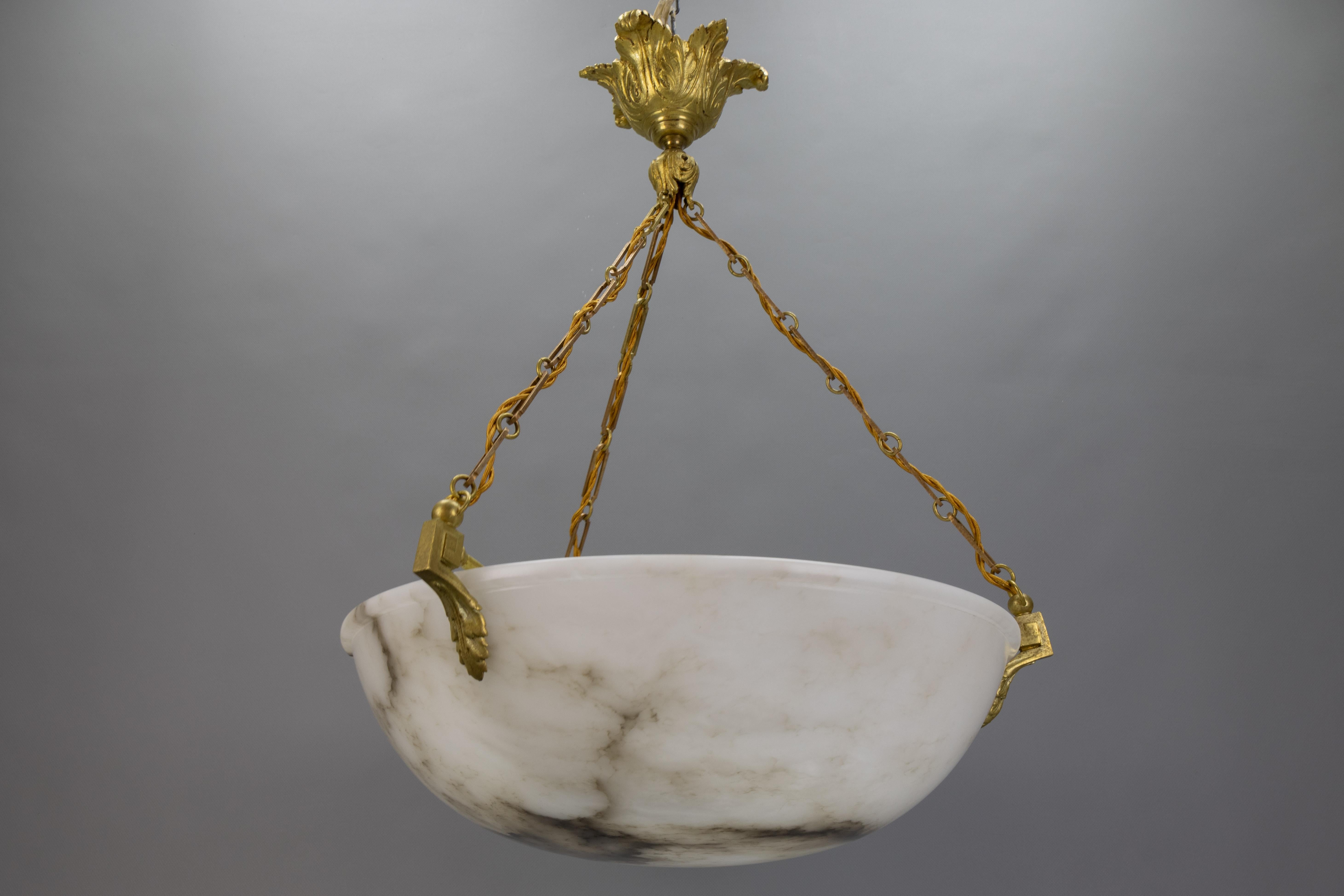 Large White Alabaster with Black Veins & Bronze Pendant Chandelier, ca. 1920 For Sale 9
