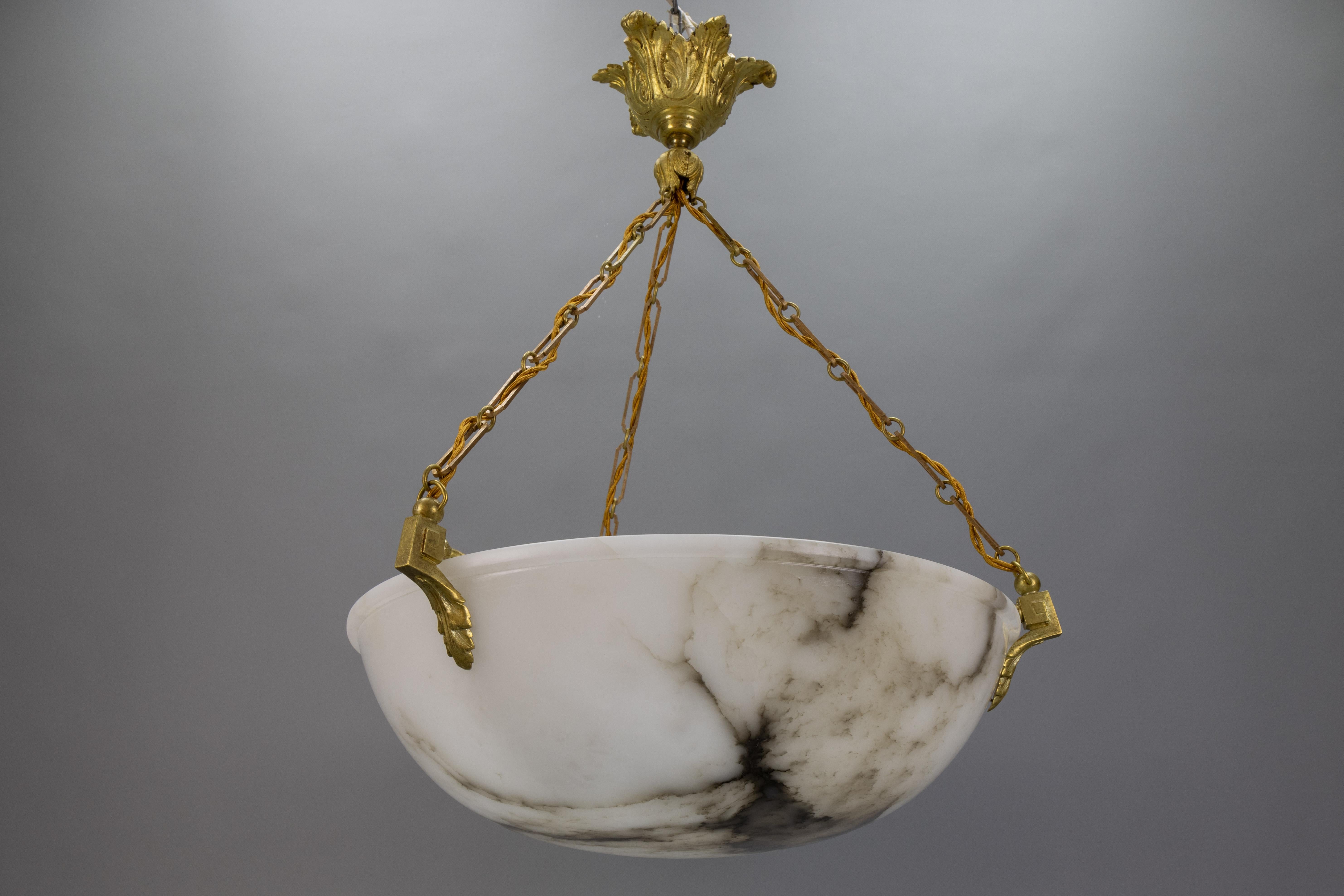 Large White Alabaster with Black Veins & Bronze Pendant Chandelier, ca. 1920 For Sale 10