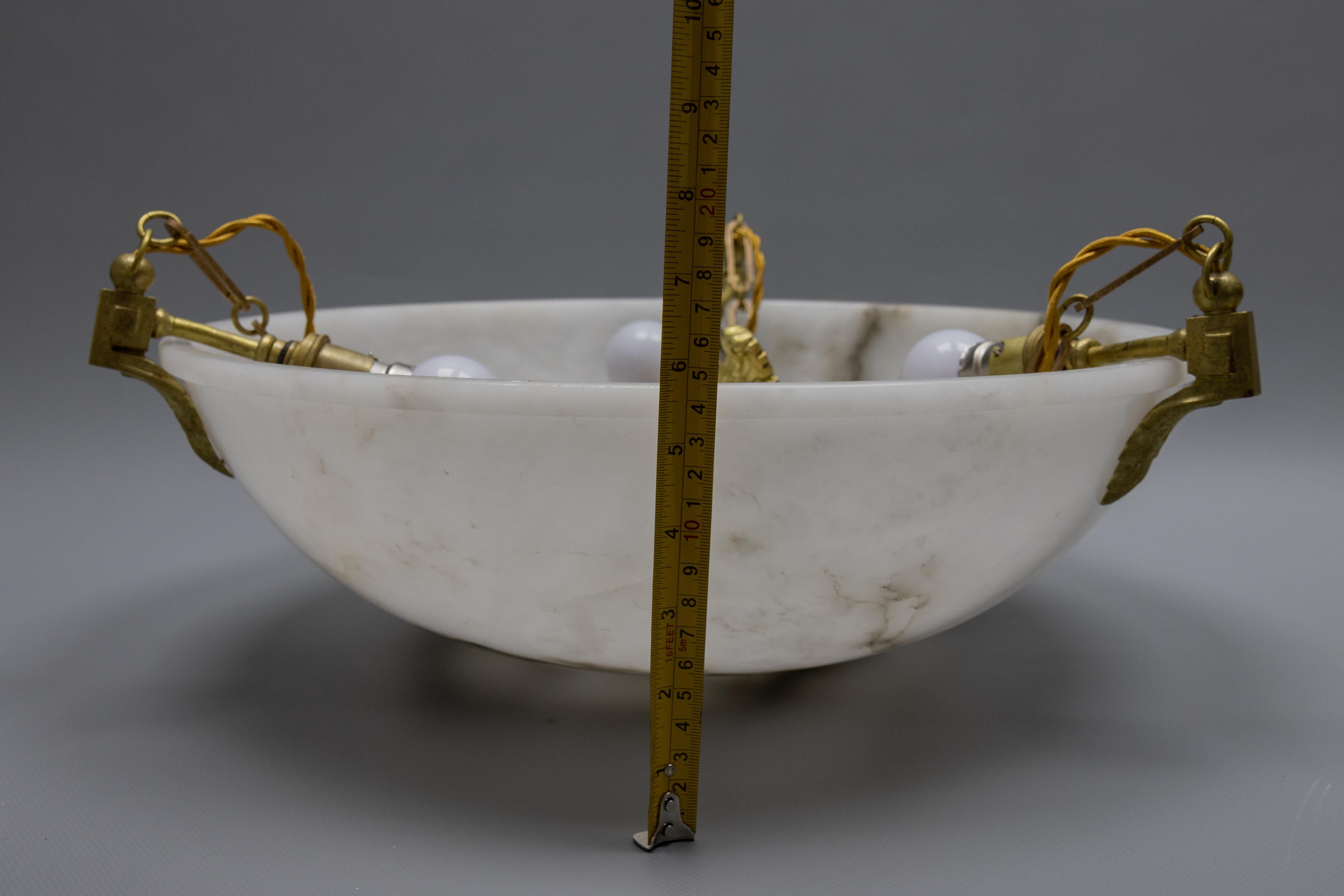 Large White Alabaster with Black Veins & Bronze Pendant Chandelier, ca. 1920 For Sale 11