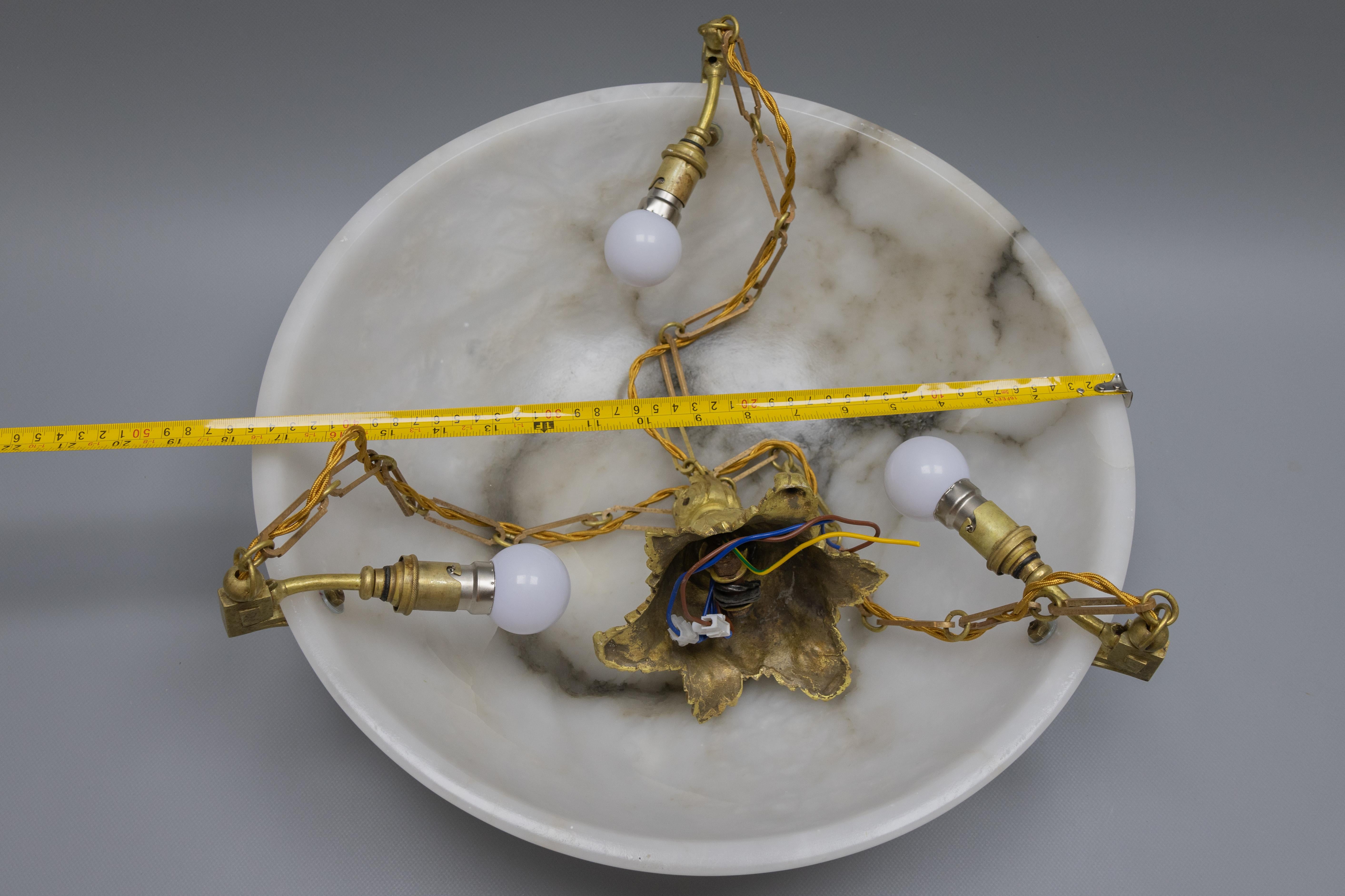 Large White Alabaster with Black Veins & Bronze Pendant Chandelier, ca. 1920 For Sale 12