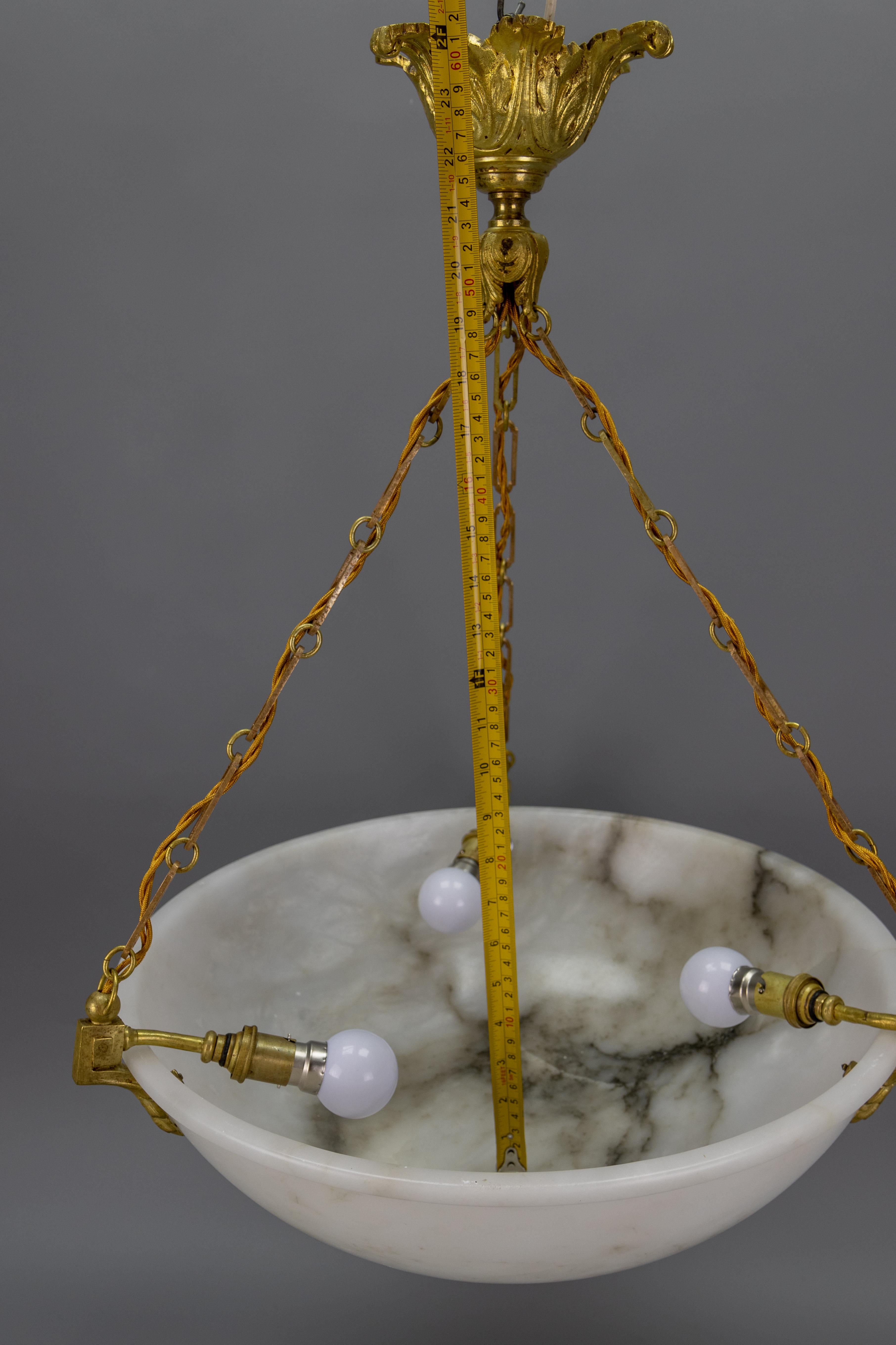 Large White Alabaster with Black Veins & Bronze Pendant Chandelier, ca. 1920 For Sale 14