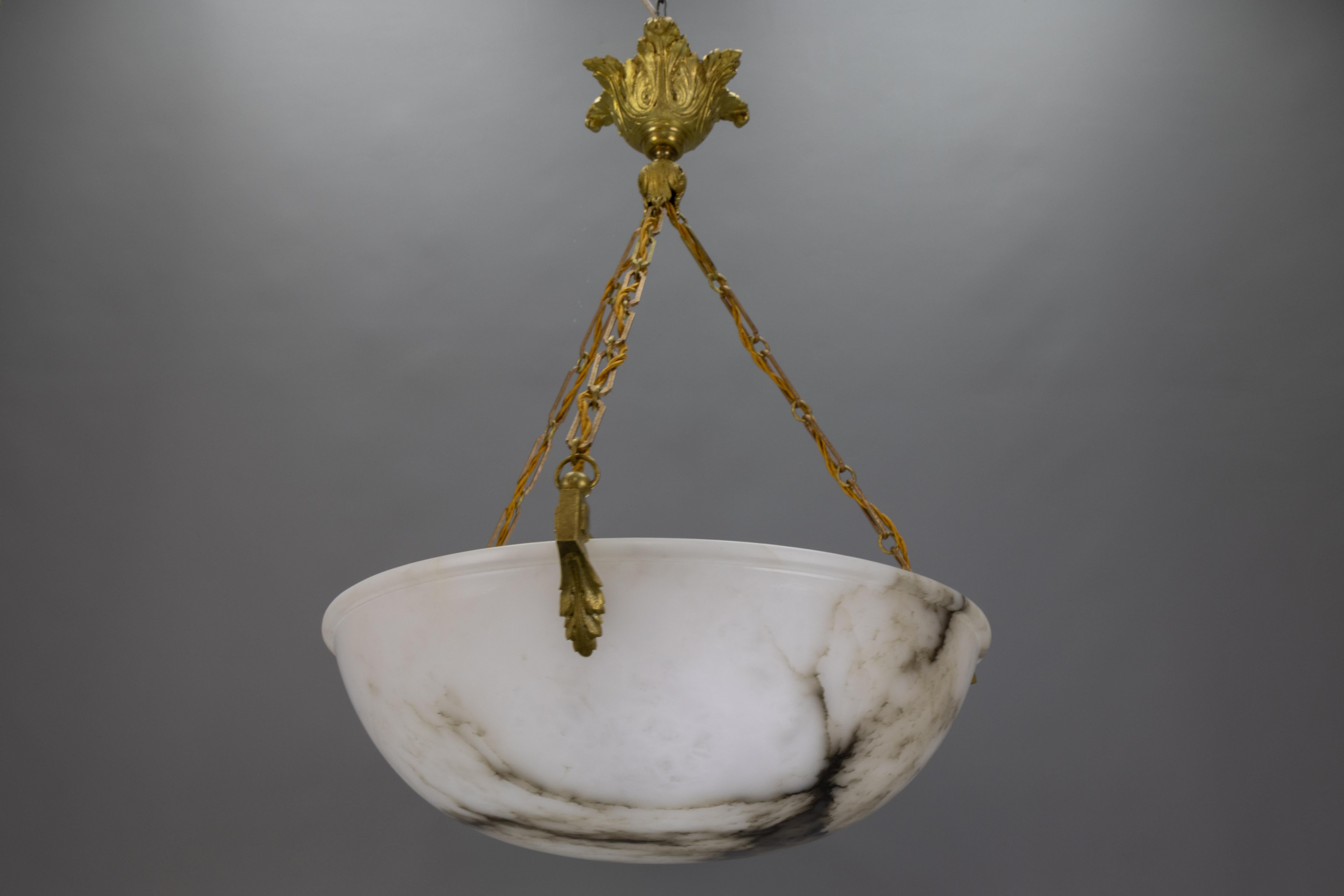 Neoclassical Large White Alabaster with Black Veins & Bronze Pendant Chandelier, ca. 1920 For Sale